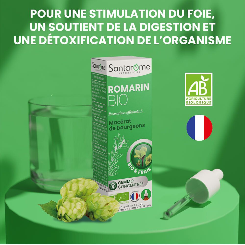 Fond vert avec texte : Pour la stimulation du foie, le soutien de la digestion et la détoxification. Produit et compte-gouttes.