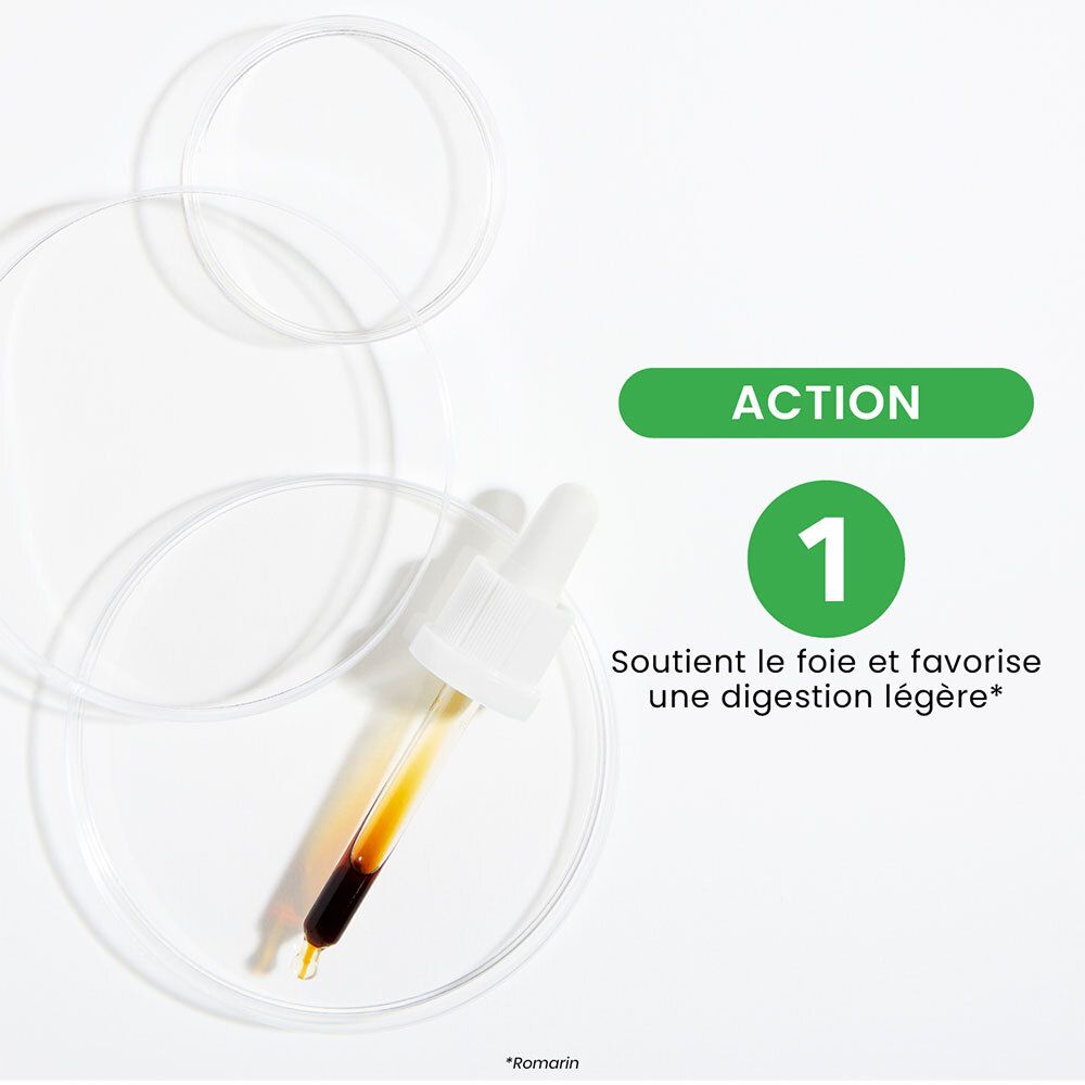 Compte-gouttes avec liquide dans une boîte de Pétri. Texte : Action 1. Soutient le foie et favorise une digestion légère.