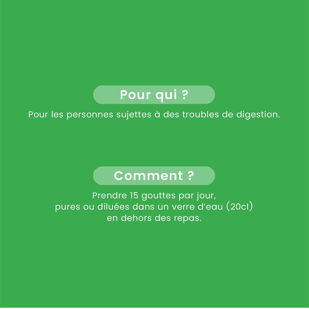 Fond vert avec texte : Pour qui ? Pour les personnes souffrant de troubles digestifs. Comment ? 15 gouttes par jour.