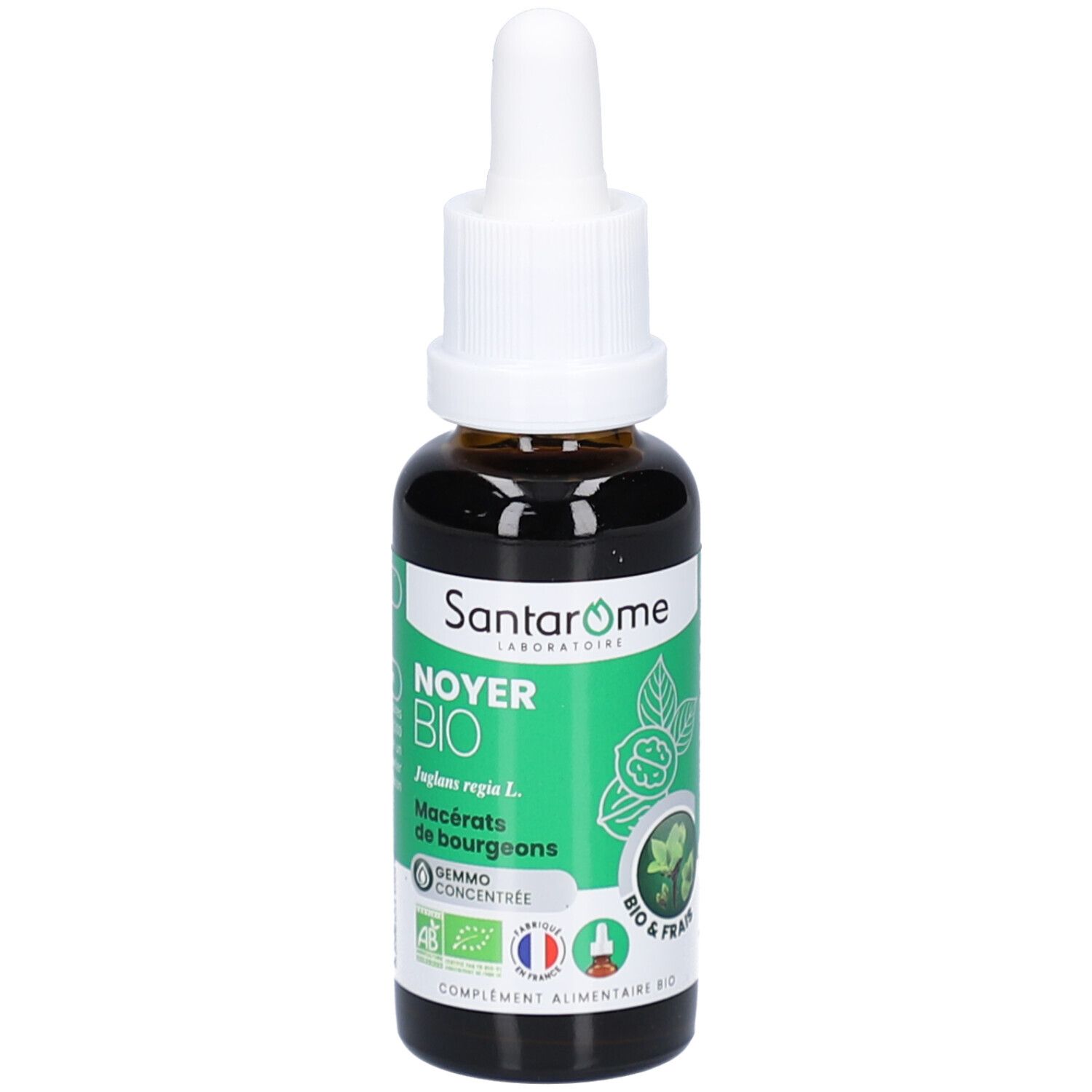 Flacon en verre brun avec compte-gouttes blanc. Inscription: Santarome, Noyer Bio. Étiquettes vertes avec logo et texte. Certification bio.