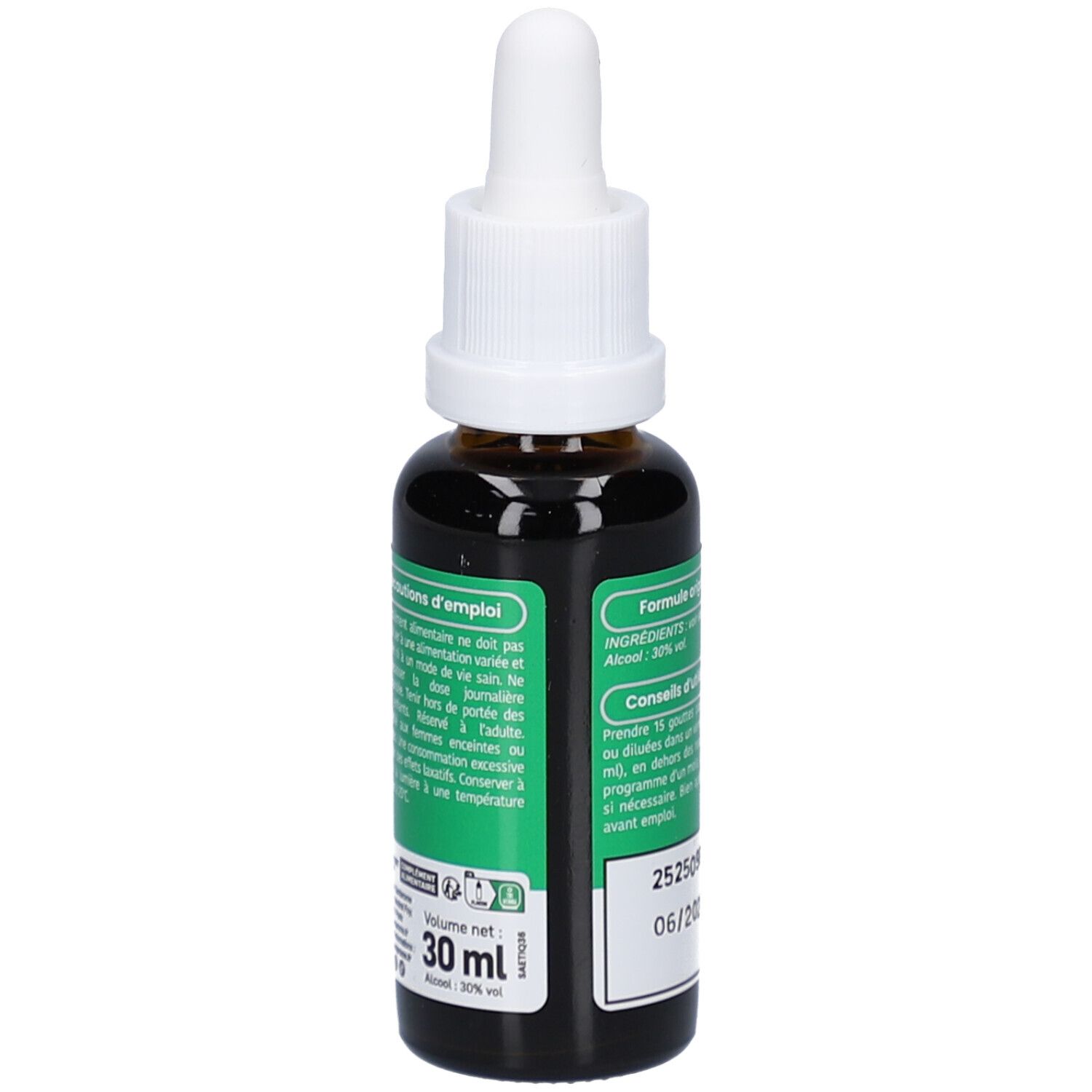 Flacon en verre brun avec compte-gouttes blanc. Étiquettes vertes avec texte. Contient des informations d'utilisation et ingrédients. Volume 30 ml.