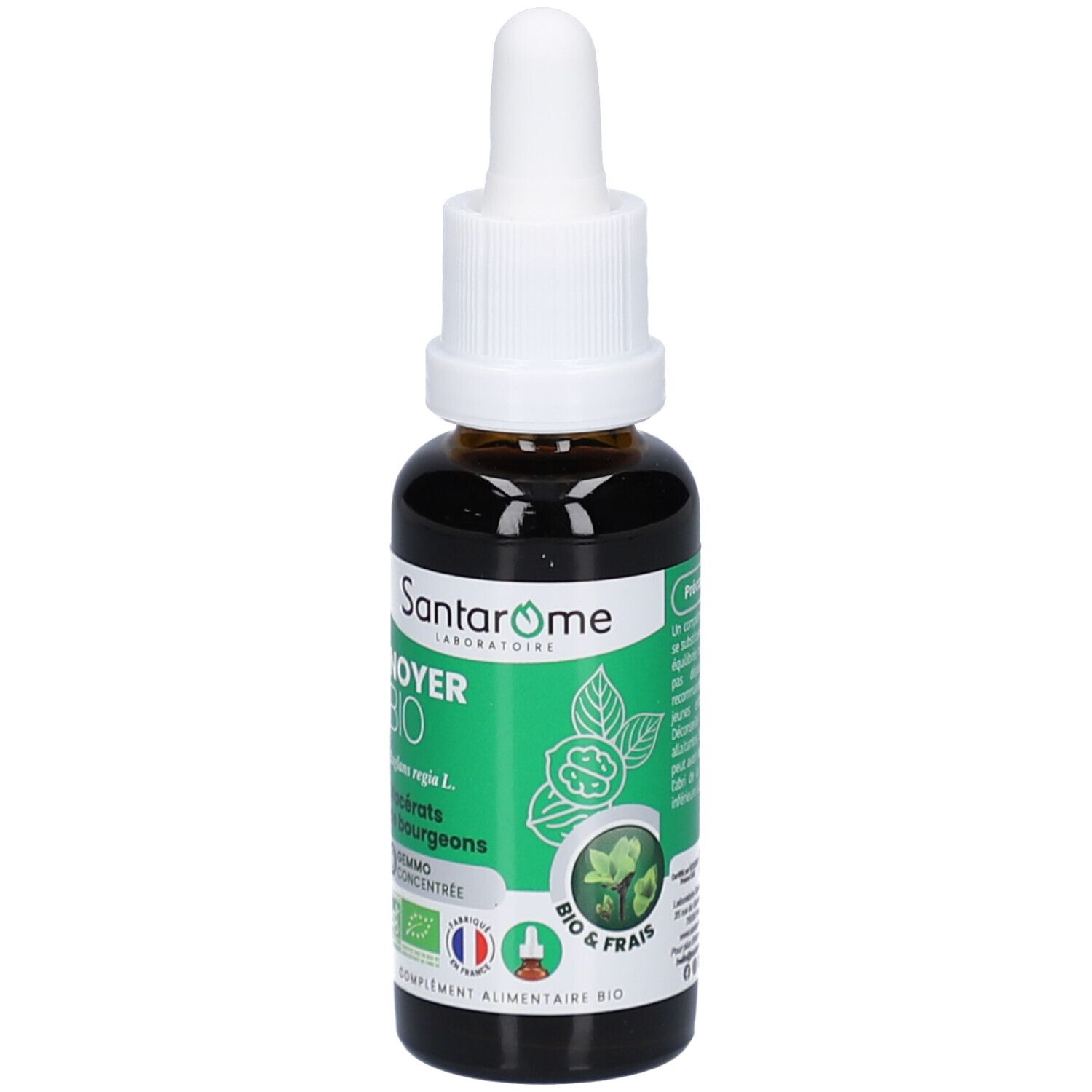 Flacon en verre brun avec compte-gouttes blanc. Inscription: Santarome, Noyer Bio. Étiquettes vertes avec logo et texte. Certification bio.