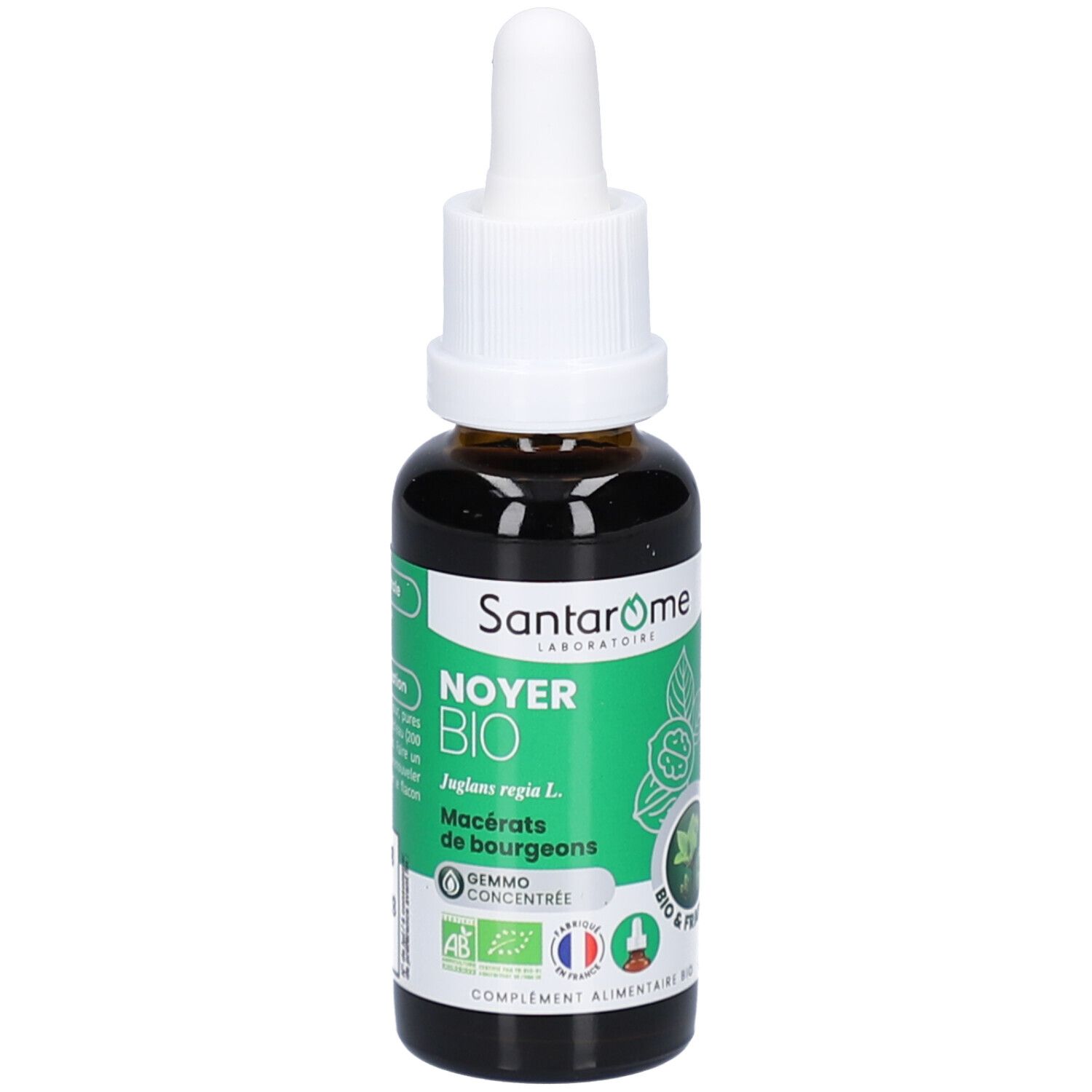 Flacon en verre brun avec compte-gouttes blanc. Inscription: Santarome, Noyer Bio. Étiquettes vertes avec logo et texte. Certification bio.