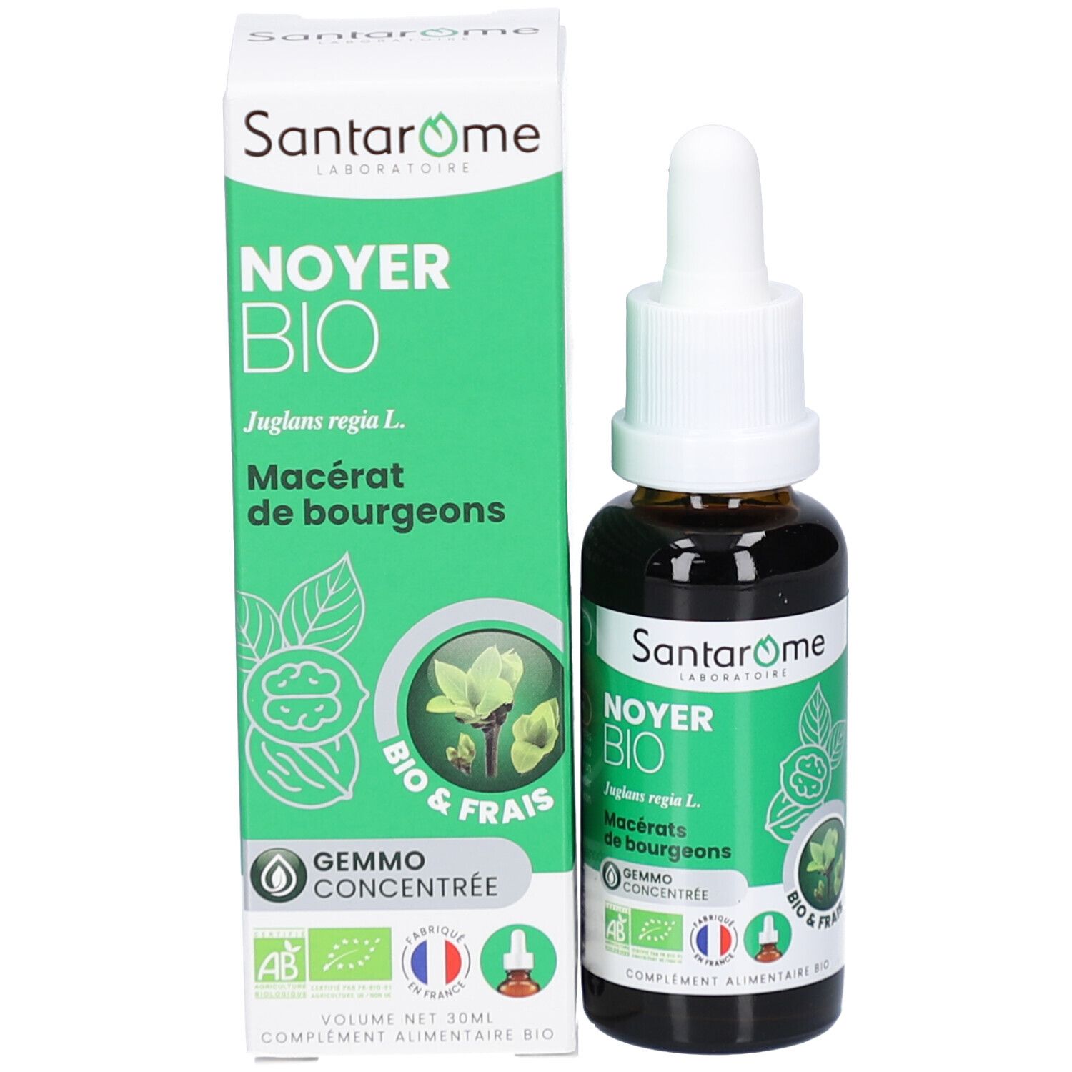 Emballage et flacon du produit. Inscription: Santarome, Noyer Bio. Emballage vert avec logo et texte. Certification bio.