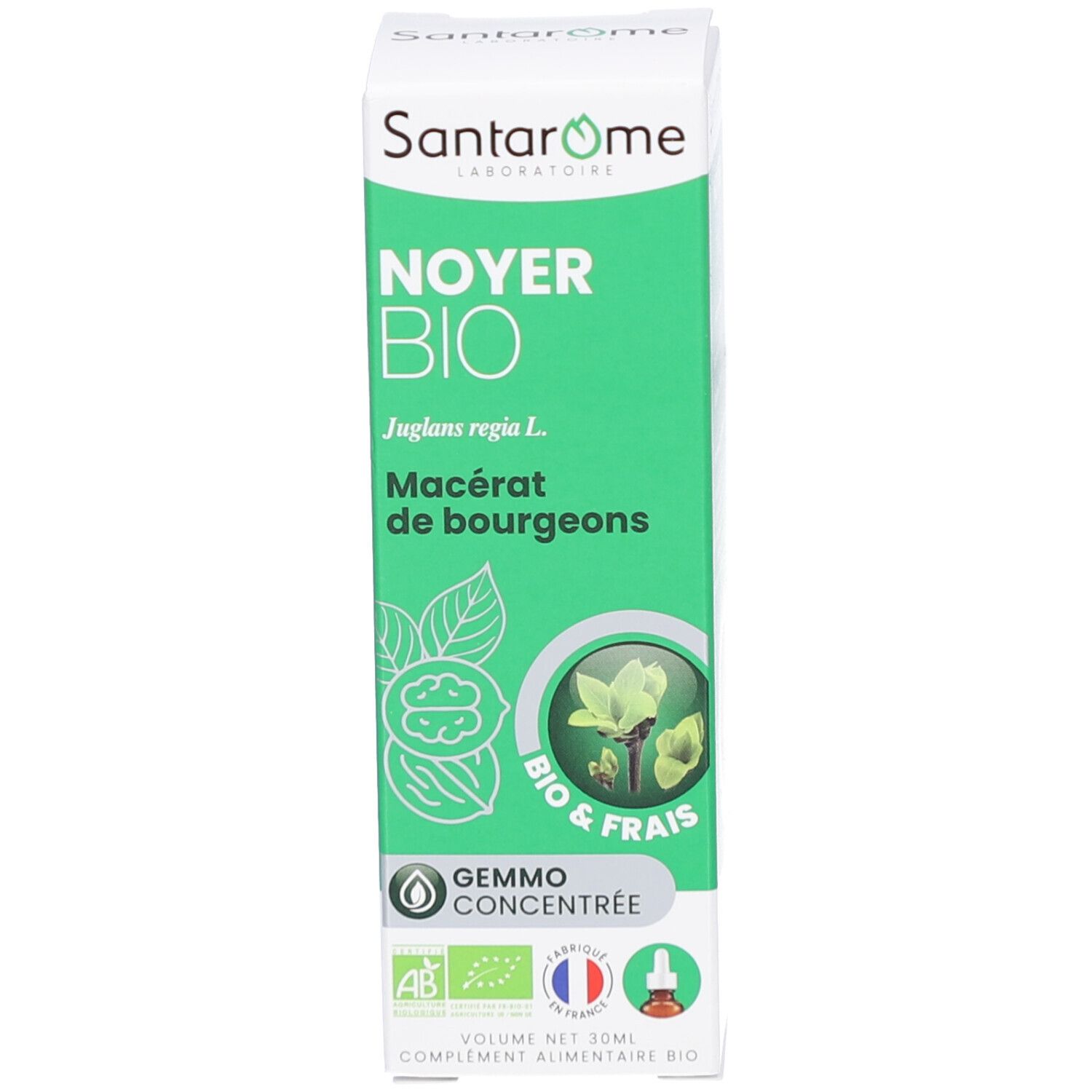 Emballage du produit. Inscription: Santarome, Noyer Bio. Emballage vert avec logo et texte. Certification bio. 30 ml.