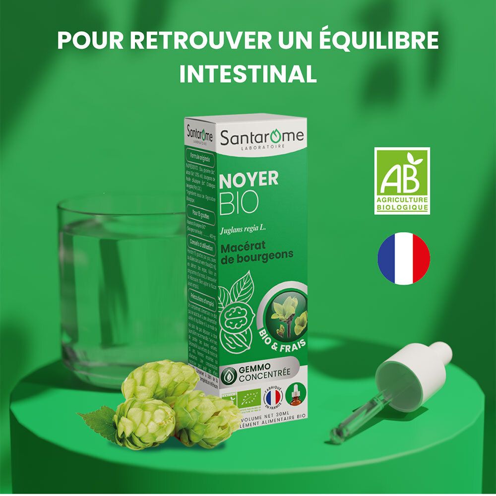 Fond vert avec flacon, verre d'eau et bourgeons. Texte: POUR RETROUVER UN ÉQUILIBRE INTESTINAL. Certification bio.