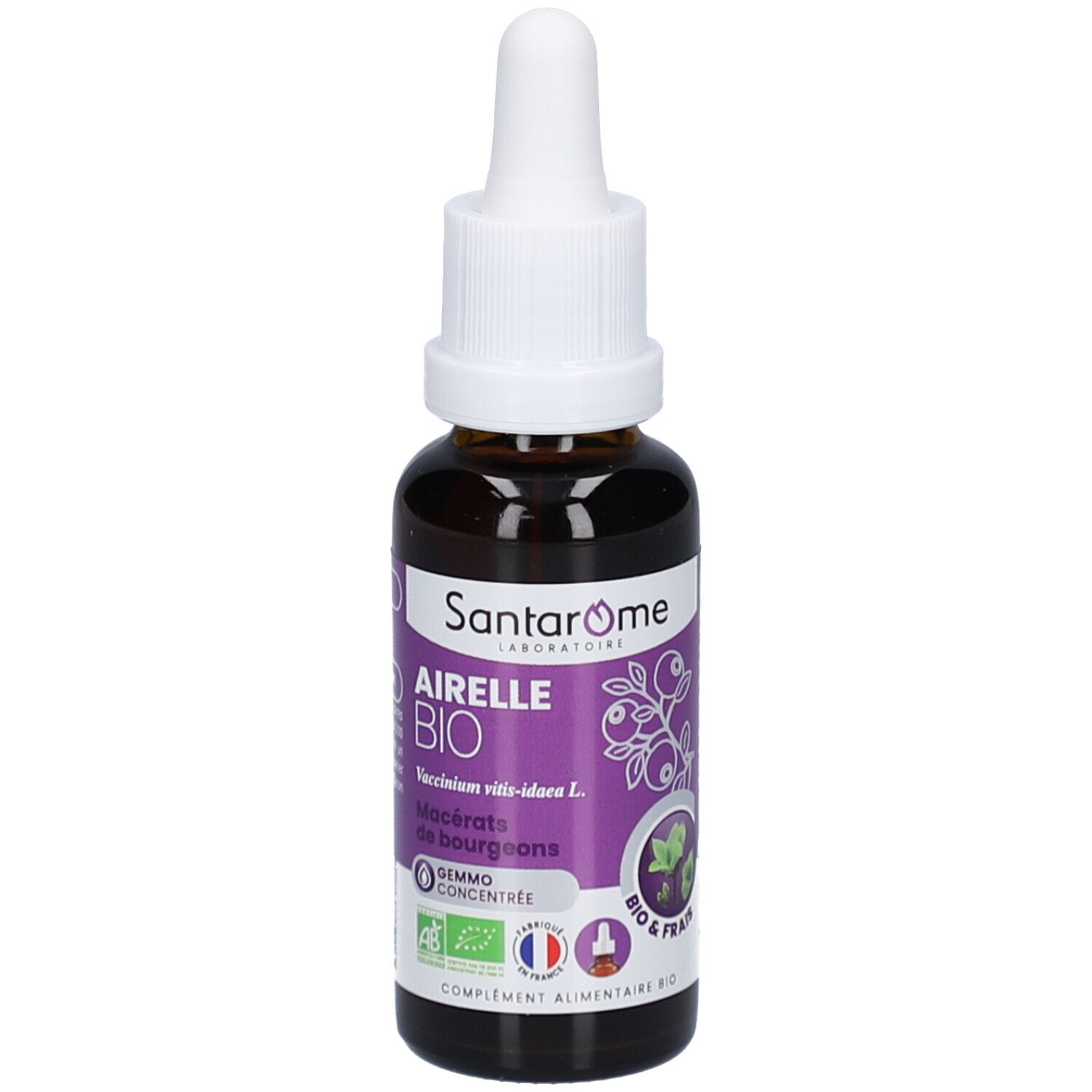 Flacon en verre brun avec compte-gouttes blanc. Étiquette violette avec texte: Airelle Bio, Santarome. Certification bio.