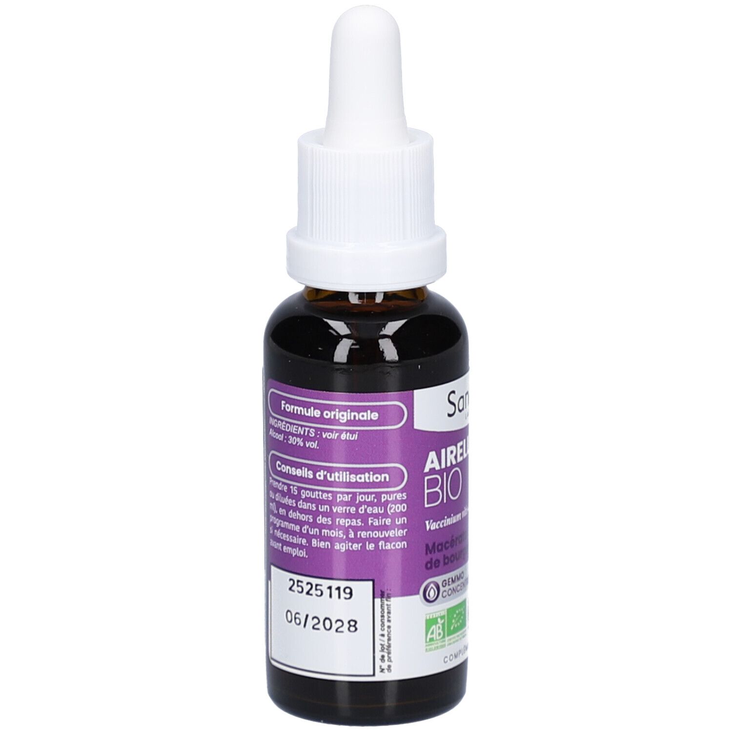 Flacon en verre brun avec compte-gouttes blanc. Étiquette violette avec texte et informations. Numéro de lot et date d'expiration.