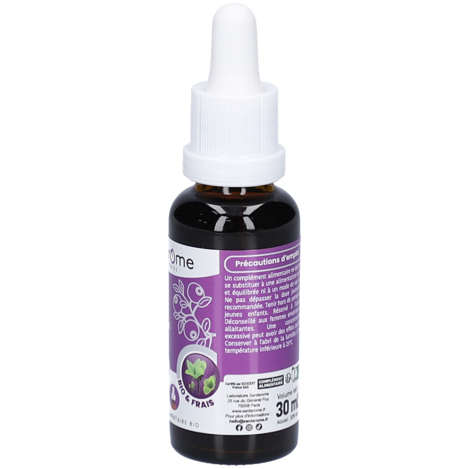 Flacon en verre brun avec compte-gouttes blanc. Étiquette violette avec texte et précautions. Volume: 30 ml.
