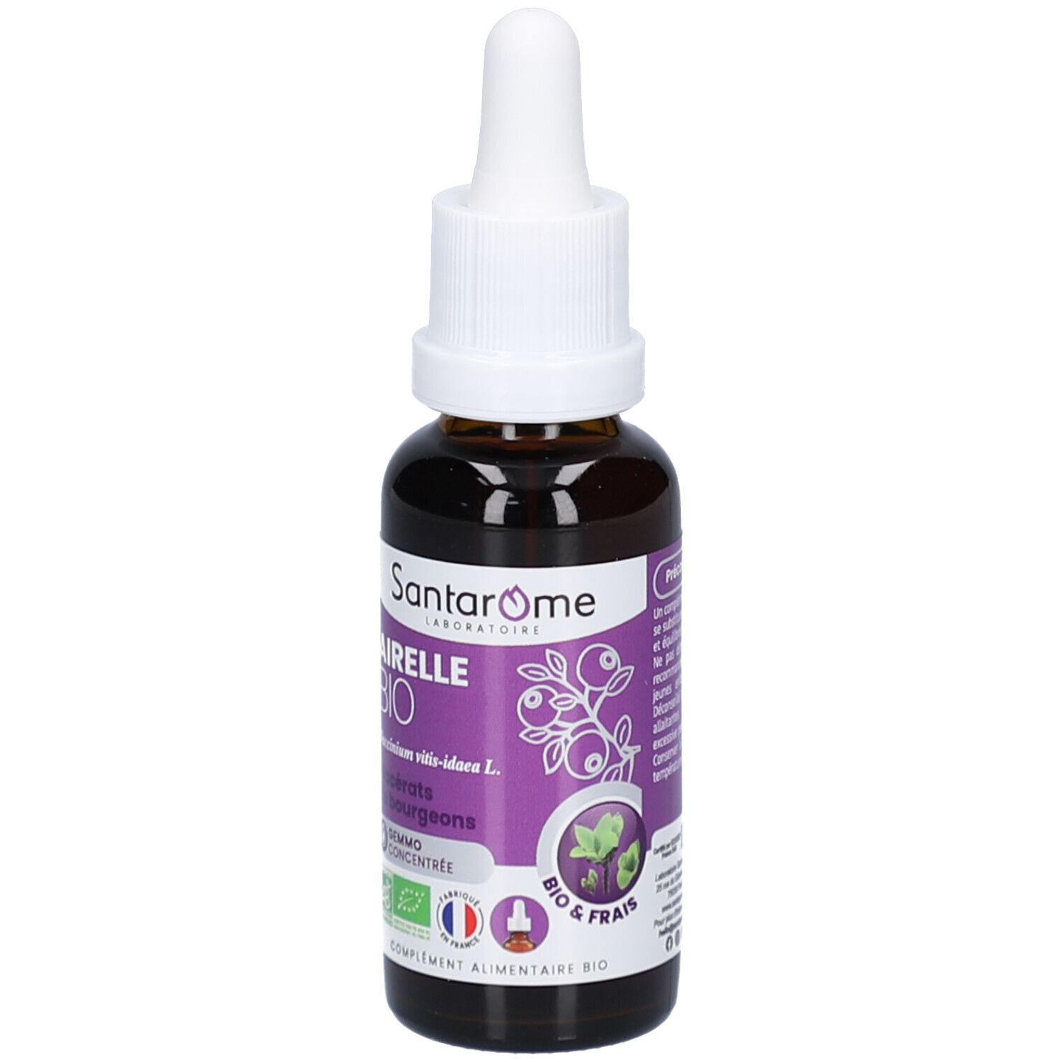 Flacon en verre brun avec compte-gouttes blanc. Étiquette violette avec texte: Airelle Bio, Santarome. Certification bio.