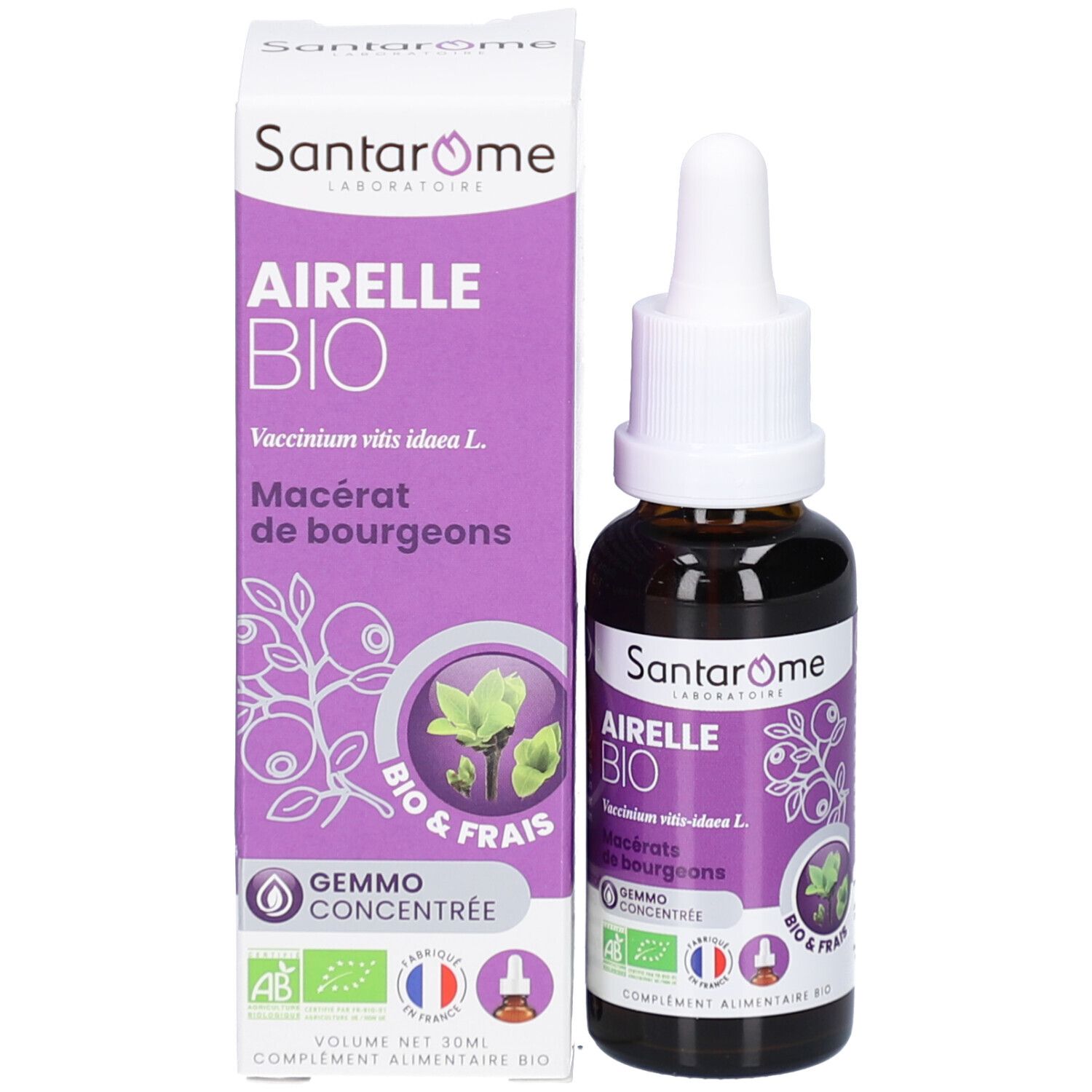 Flacon et emballage. Flacon avec compte-gouttes, emballage avec texte: Airelle Bio, Santarome. Certification bio.