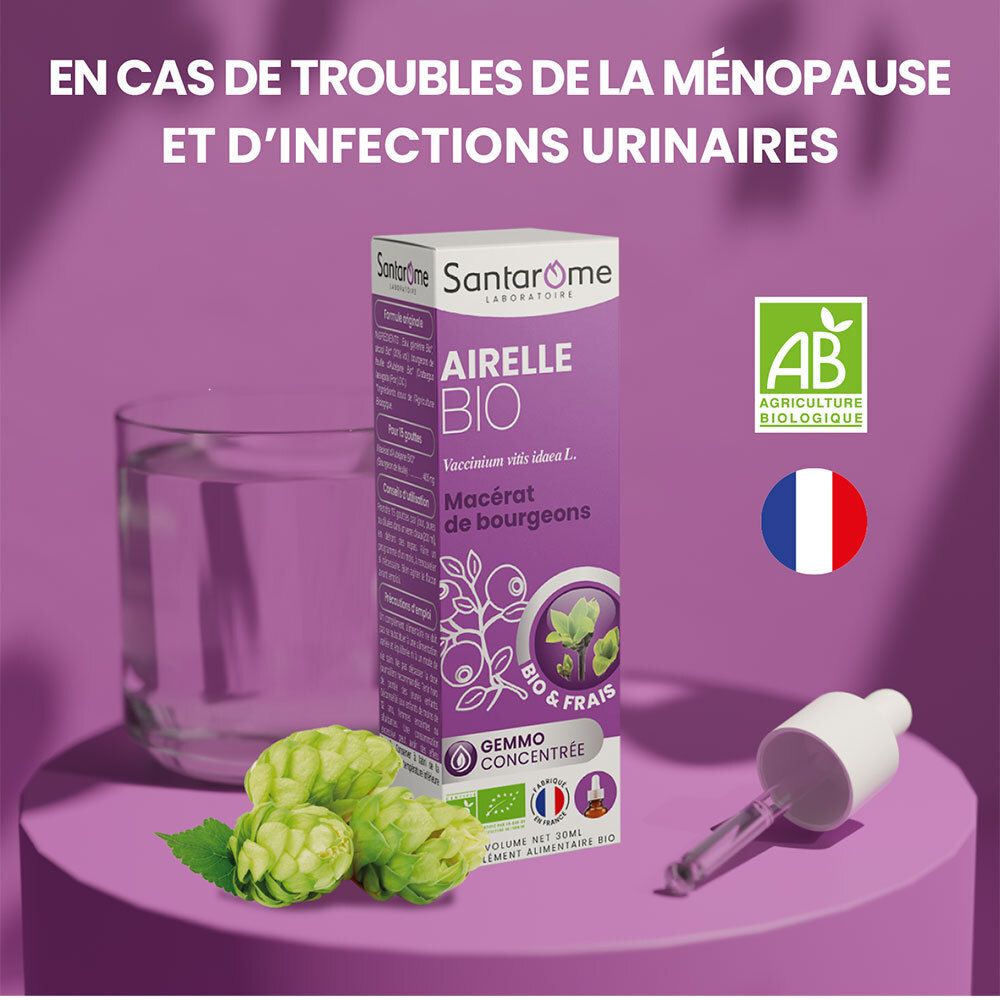 Verre d'eau, flacon de produit, produit bio aux airelles, ingrédients, drapeau français, label AB bio.