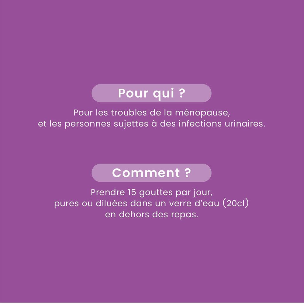 Texte sur fond violet : Pour qui ? Comment ? Prendre 15 gouttes par jour, diluées dans l'eau.