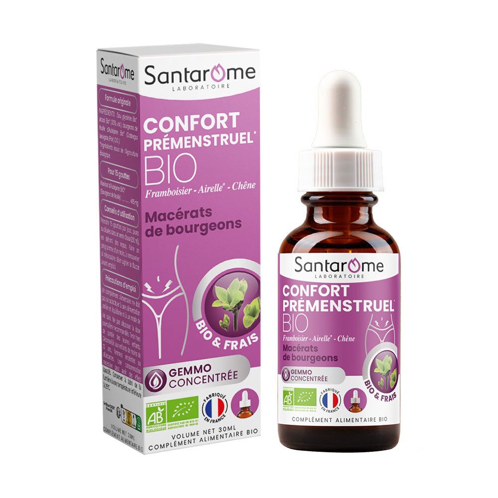 Flacon et boîte. Inscription: Confort Prémenstruel Bio. Flacon compte-gouttes avec pipette.