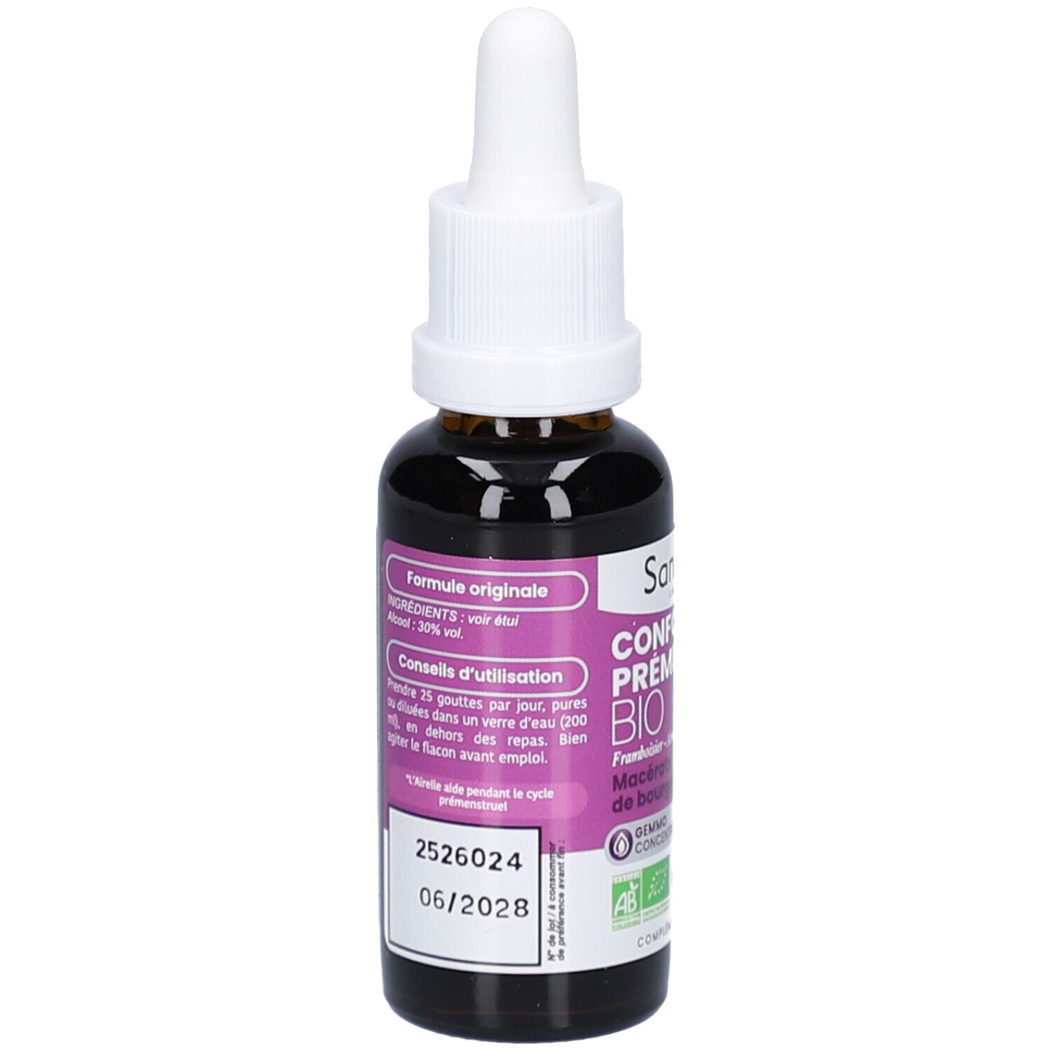 Flacon en verre brun avec compte-gouttes blanc. Dos avec texte. Date de péremption 06/2028.