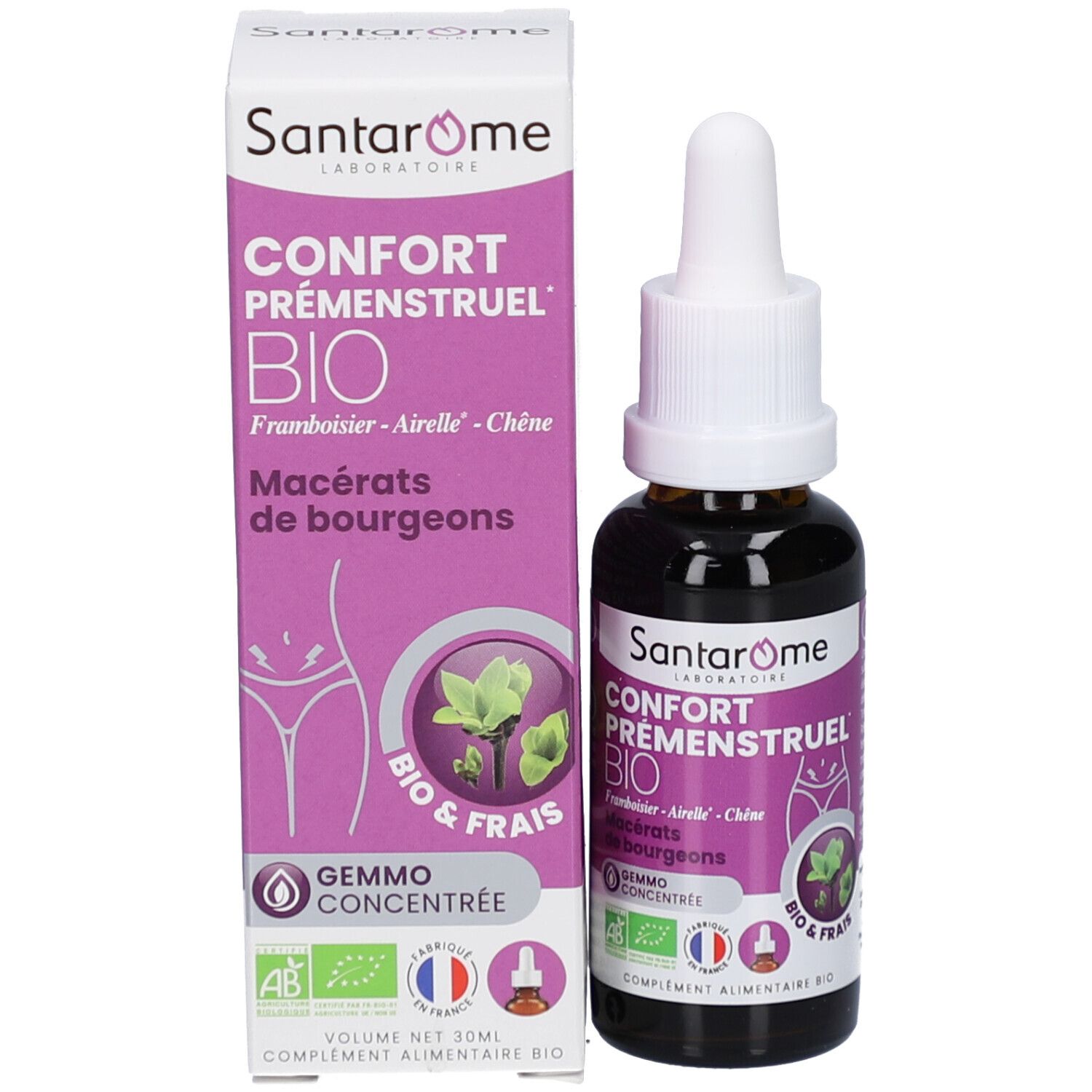 Flacon et boîte du produit. Flacon avec compte-gouttes blanc. Boîte avec texte et logo.