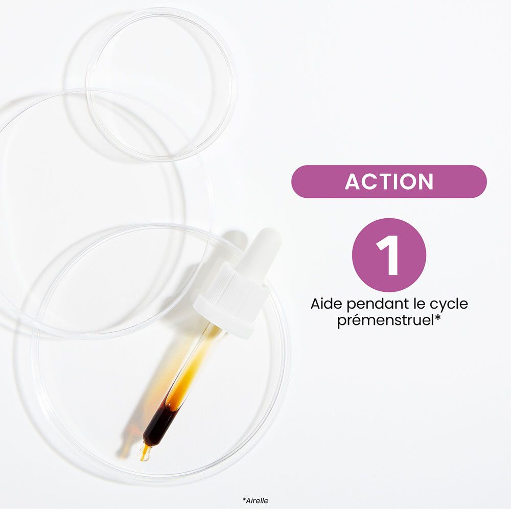 Texte: Action 1. Aide pendant le cycle prémenstruel. Pipette dans une boîte de Pétri.