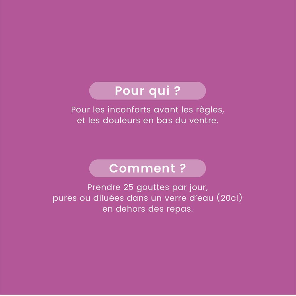 Texte: Pour qui ? Pour les inconforts avant les règles. Texte: Comment ? 25 gouttes par jour.