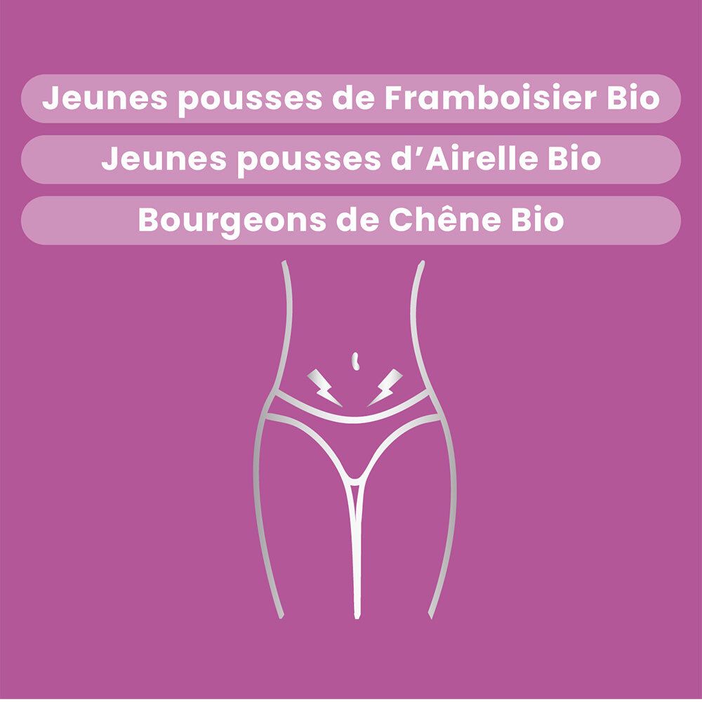 Texte: Jeunes pousses de Framboisier Bio, Airelle Bio, Bourgeons de Chêne Bio. Illustration.