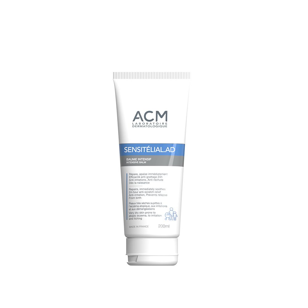 Tube blanc avec texte bleu. Inscription: ACM Laboratoire Dermatologique, Sensitélial AD, Baume Intensif.