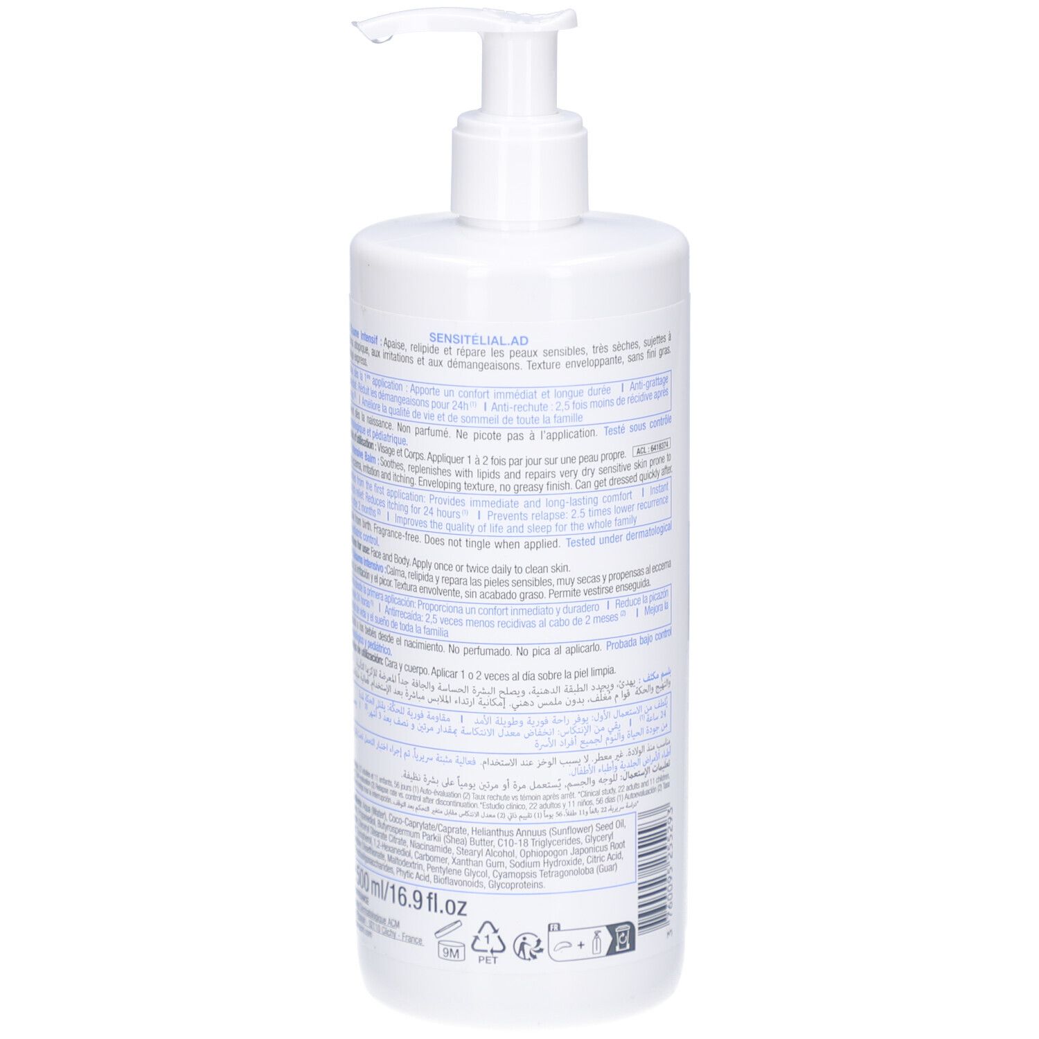 Dos du flacon blanc avec pompe. Texte multilingue. Nom du produit et marque ACM. 500ml.