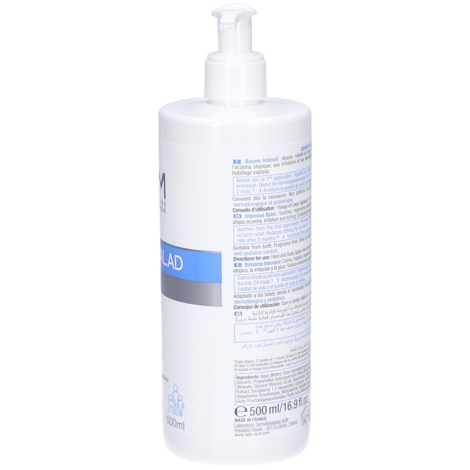 Dos du flacon blanc avec pompe. Texte multilingue. Nom du produit et marque ACM. 500ml.