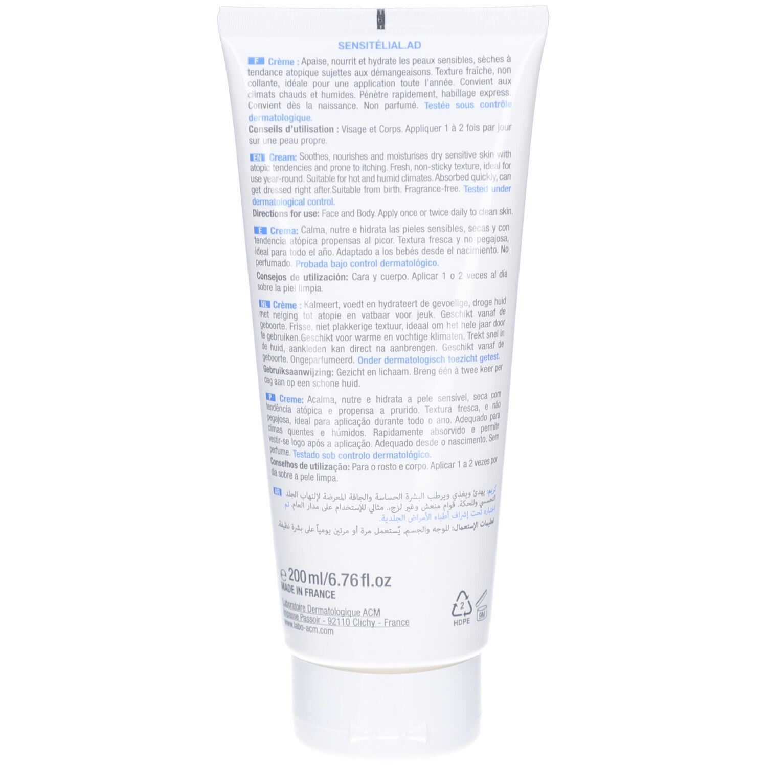 Dos du tube blanc. Texte en plusieurs langues, dont l'allemand, le français, l'italien, le néerlandais et l'anglais.