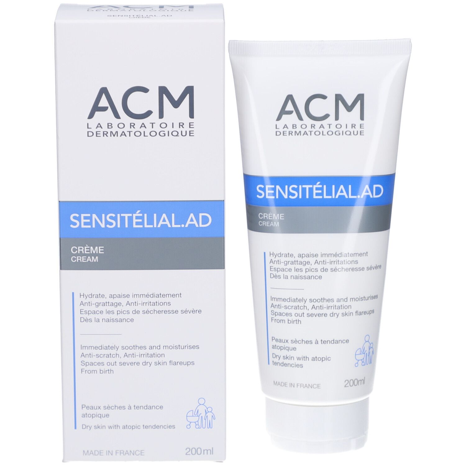 Emballage du produit: Boîte et tube blancs. Inscription: ACM Laboratoire Dermatologique, SENSITELIAL AD CREME. Texte en français et anglais.
