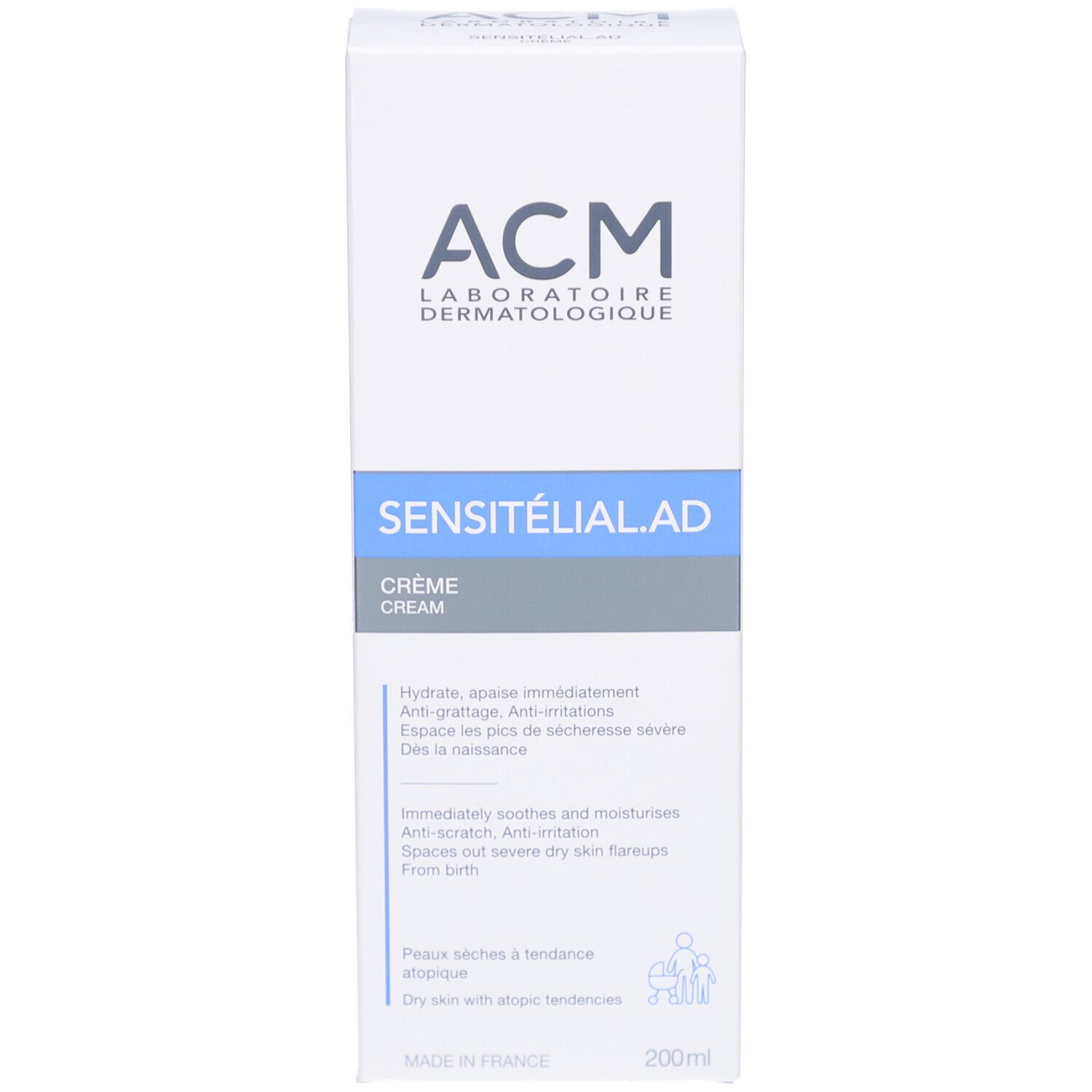 Boîte blanche avec texte bleu. Inscription: ACM Laboratoire Dermatologique, SENSITELIAL AD CREME. Texte en français et anglais.
