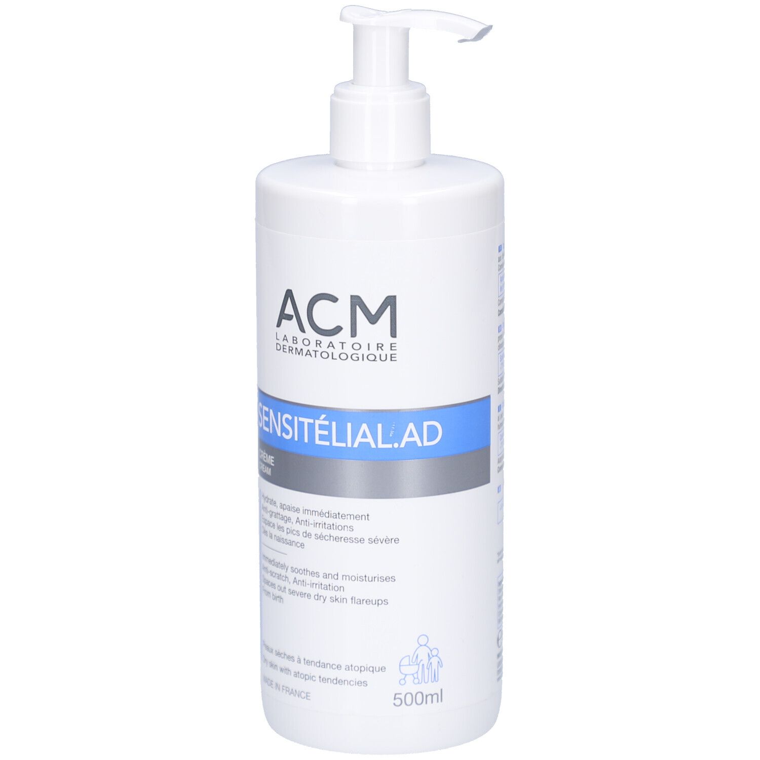 Flacon blanc avec pompe. Inscription: ACM, SENSITELIAL AD CREME. 500ml. Pour peaux sèches à tendance atopique.