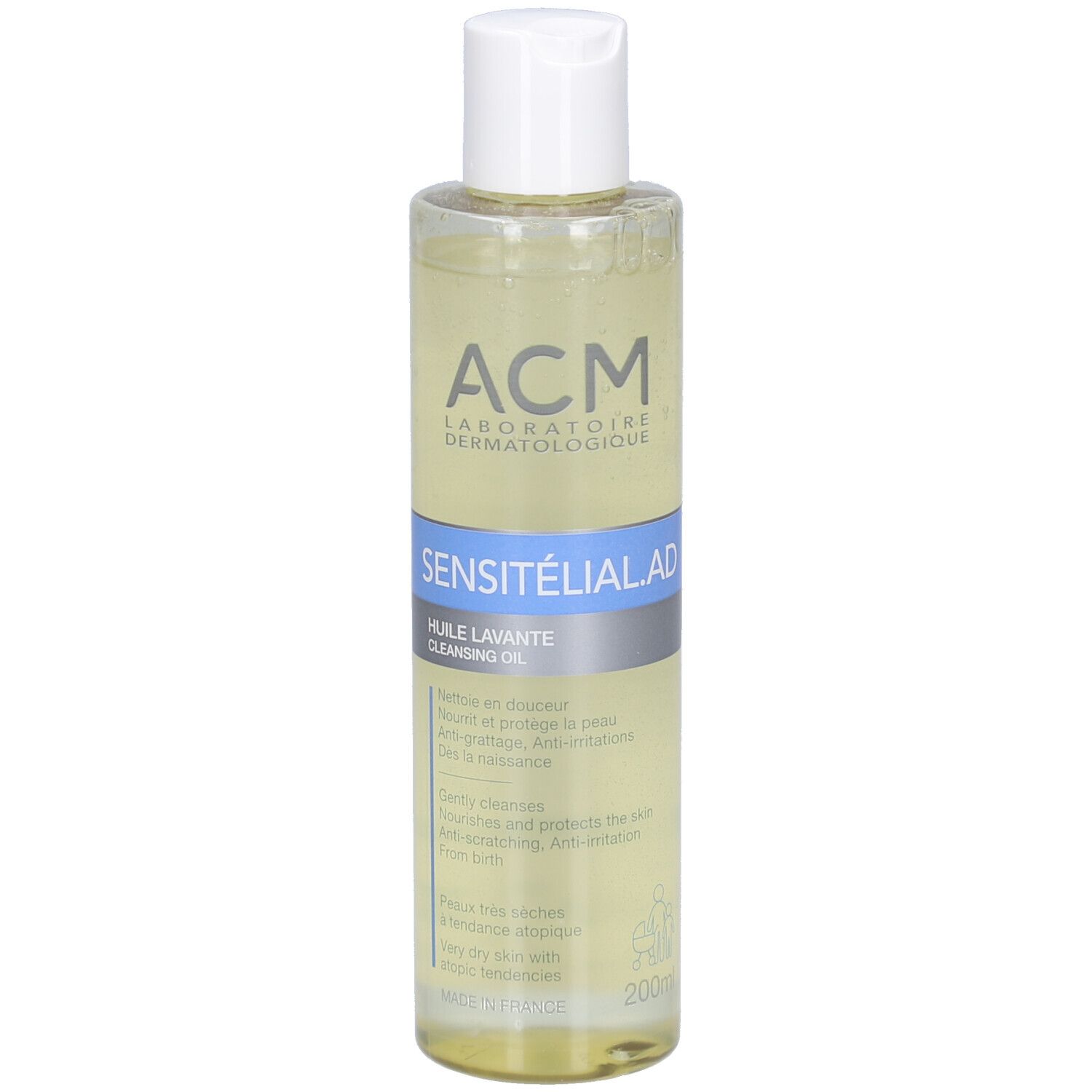 Flacon transparent avec bouchon blanc. Inscriptions: ACM Laboratoire Dermatologique, SENSITELIAL AD, Huile Lavante. Texte en français.