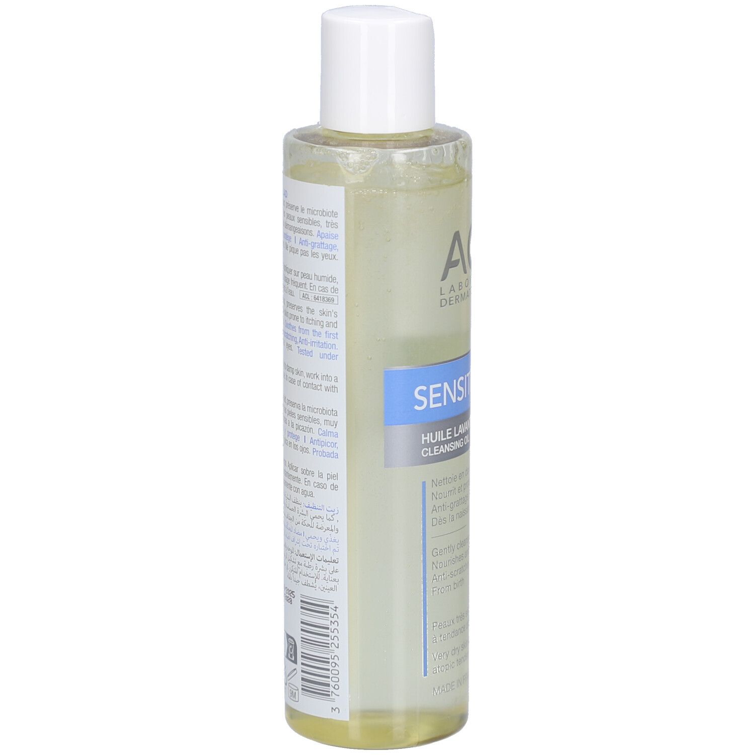 Vue arrière du flacon. Inscriptions: ACM Laboratoire Dermatologique, SENSITELIAL AD, Huile Lavante. Texte multilingue.