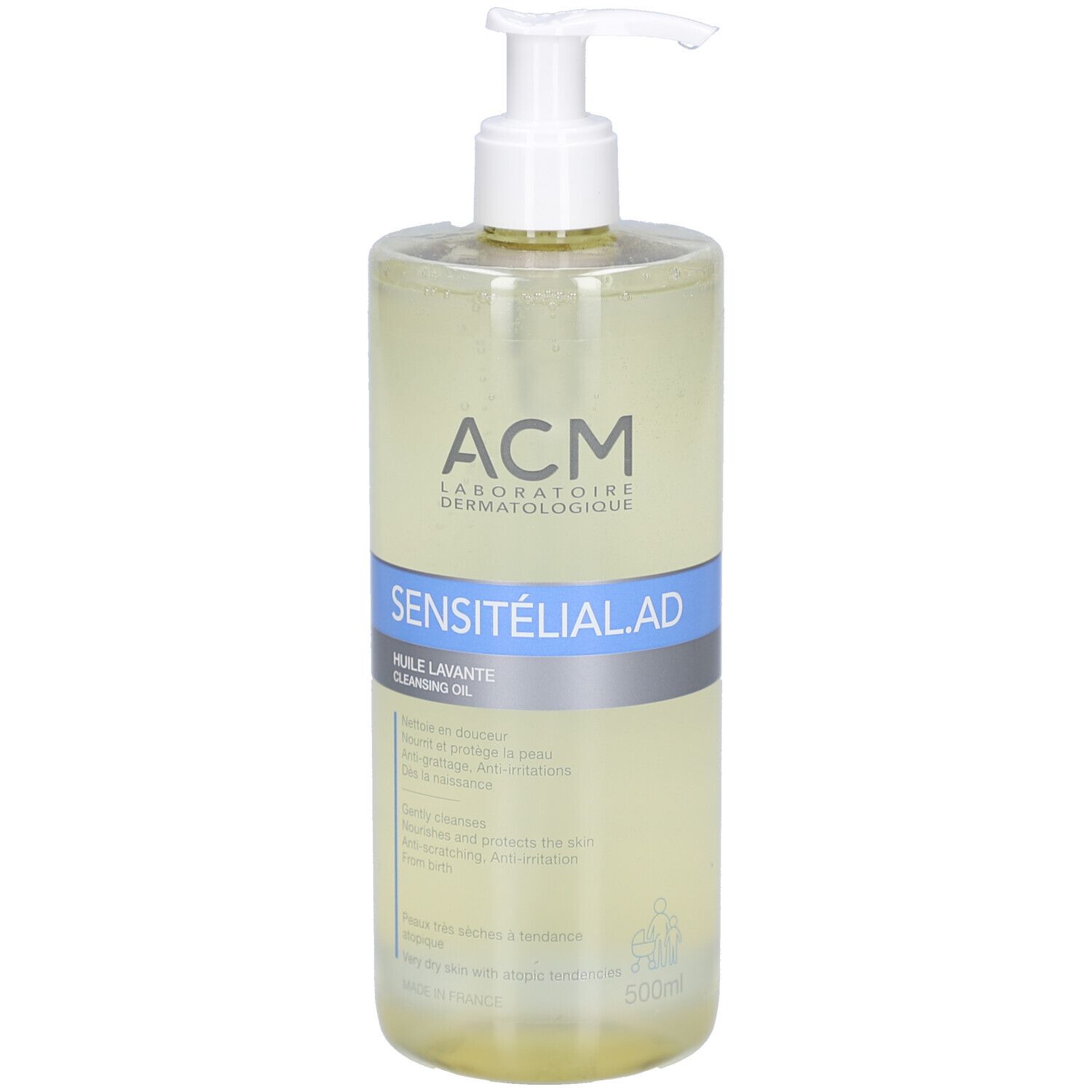 Flacon transparent avec pompe. Inscription: ACM, SENSITELIAL AD, HUILE LAVANTE. Contenance 500ml.