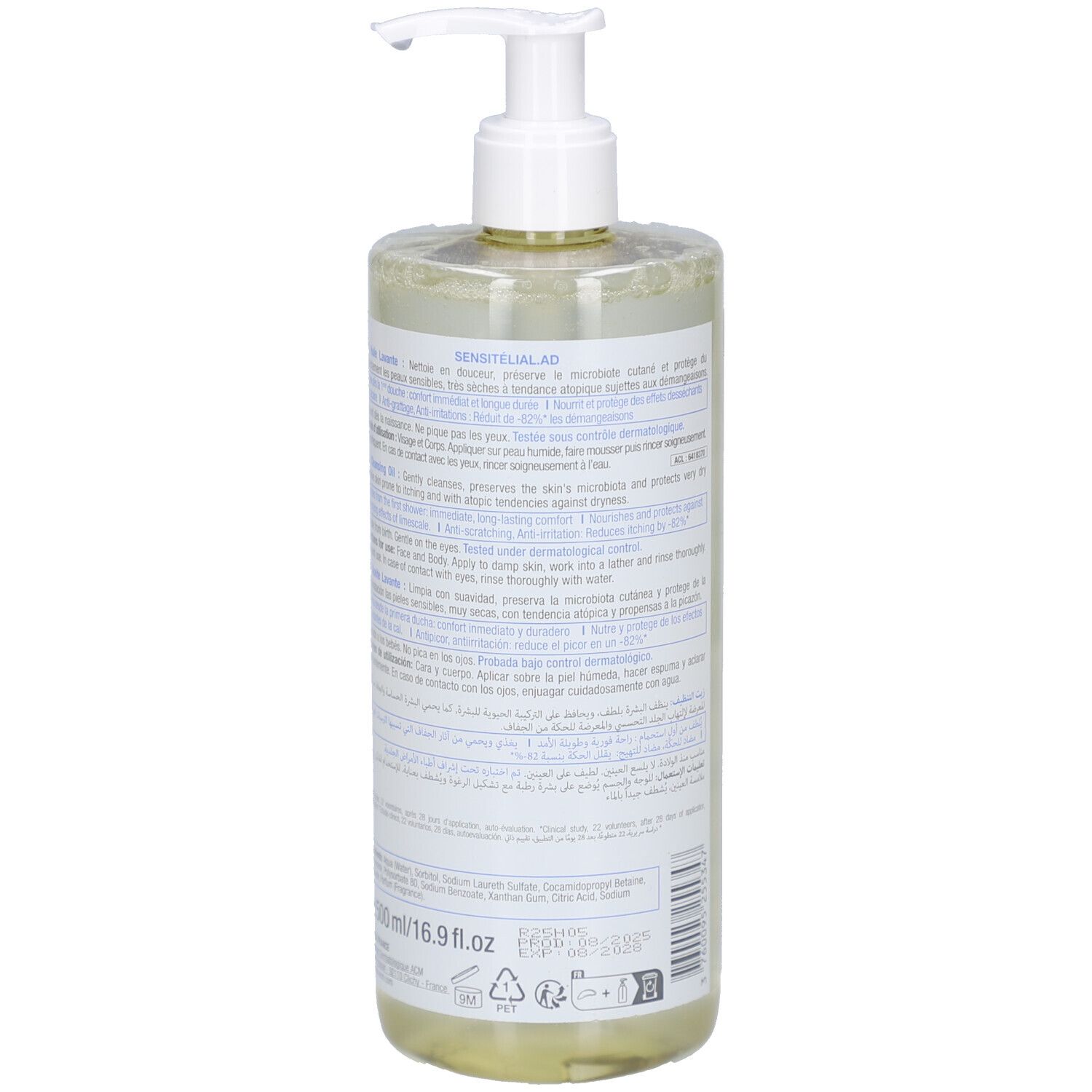 Dos du flacon avec pompe. Texte sur l'étiquette. Ingrédients et informations.