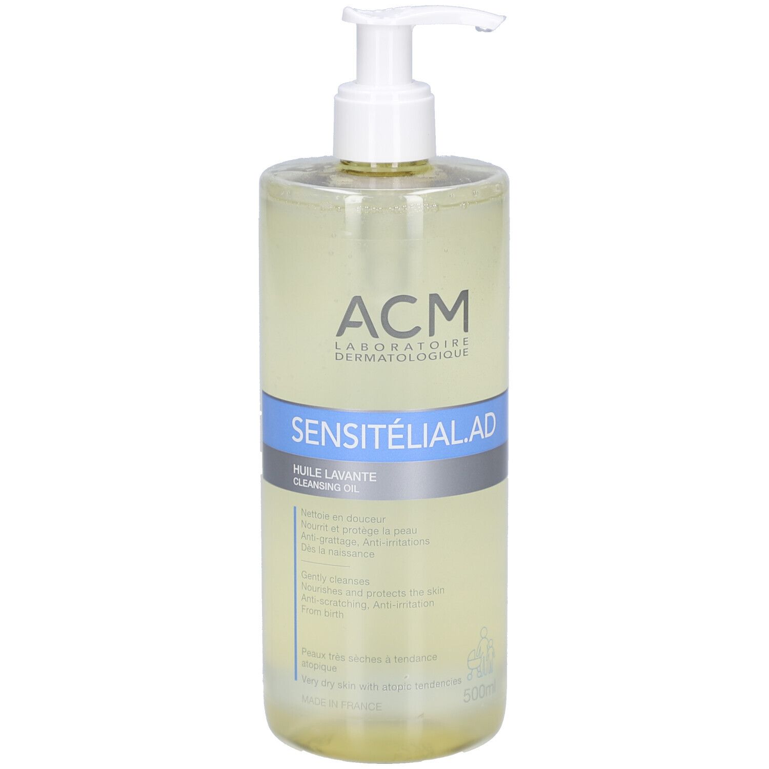 Flacon transparent avec pompe. Inscription: ACM, SENSITELIAL AD, HUILE LAVANTE. Contenance 500ml.