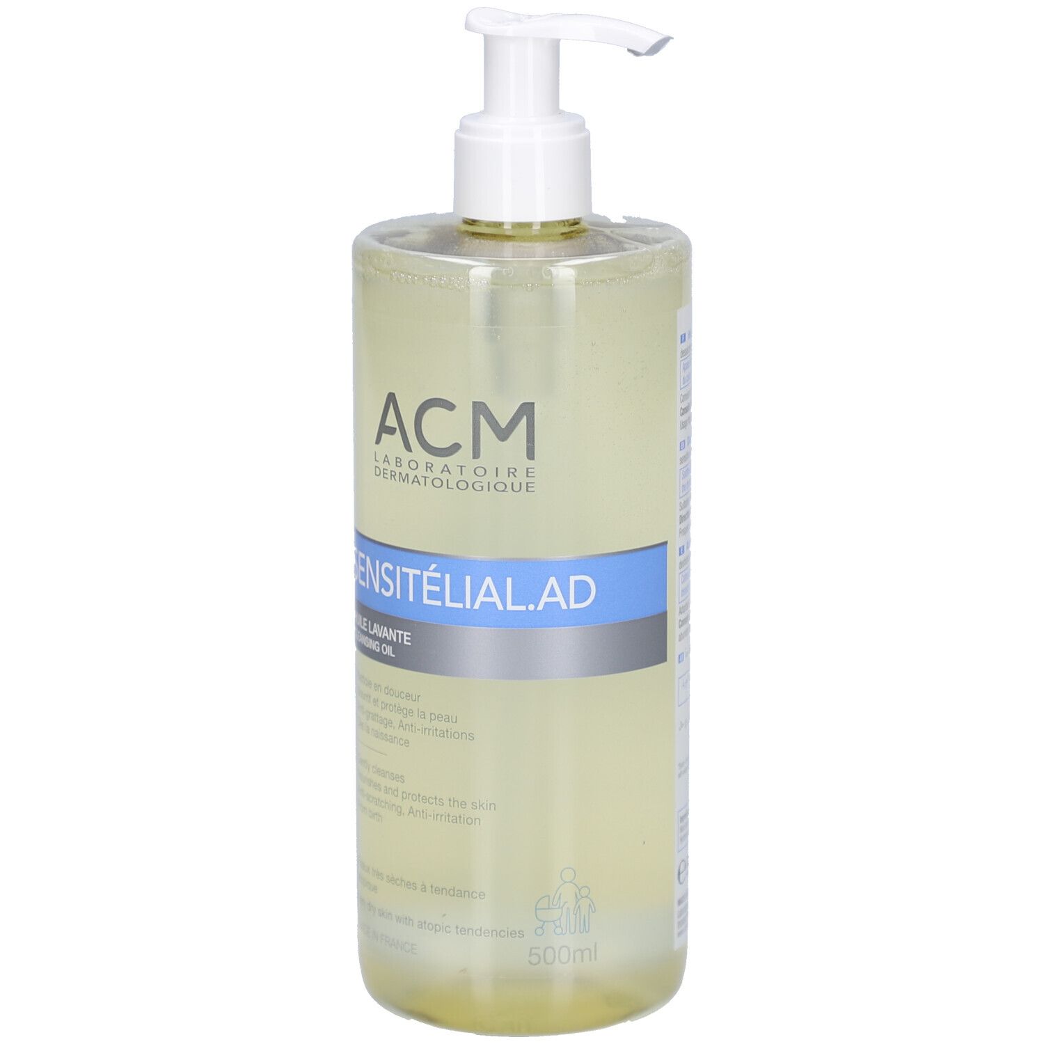Flacon transparent avec pompe. Inscription: ACM, SENSITELIAL AD, HUILE LAVANTE. Contenance 500ml.