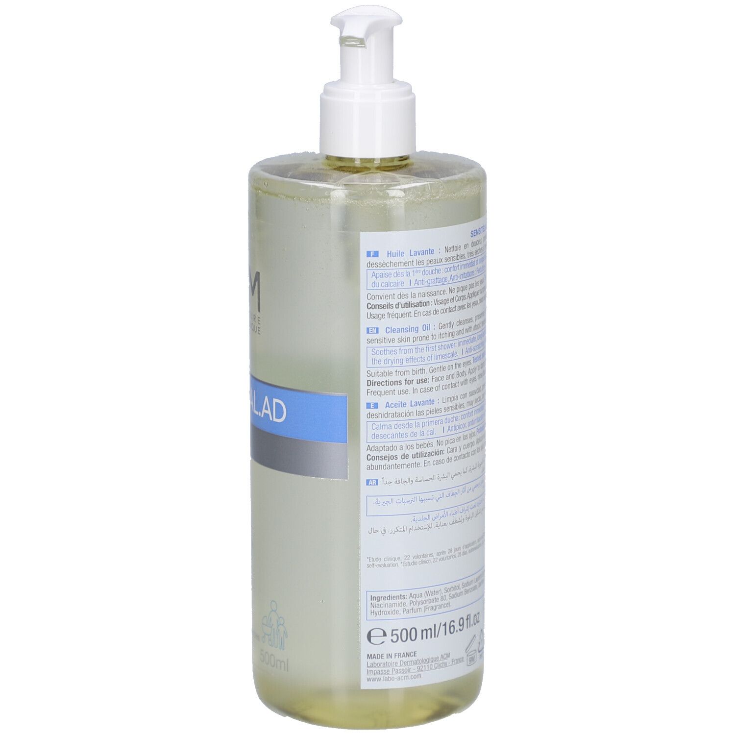 Dos du flacon avec pompe. Texte sur l'étiquette. Ingrédients et informations.