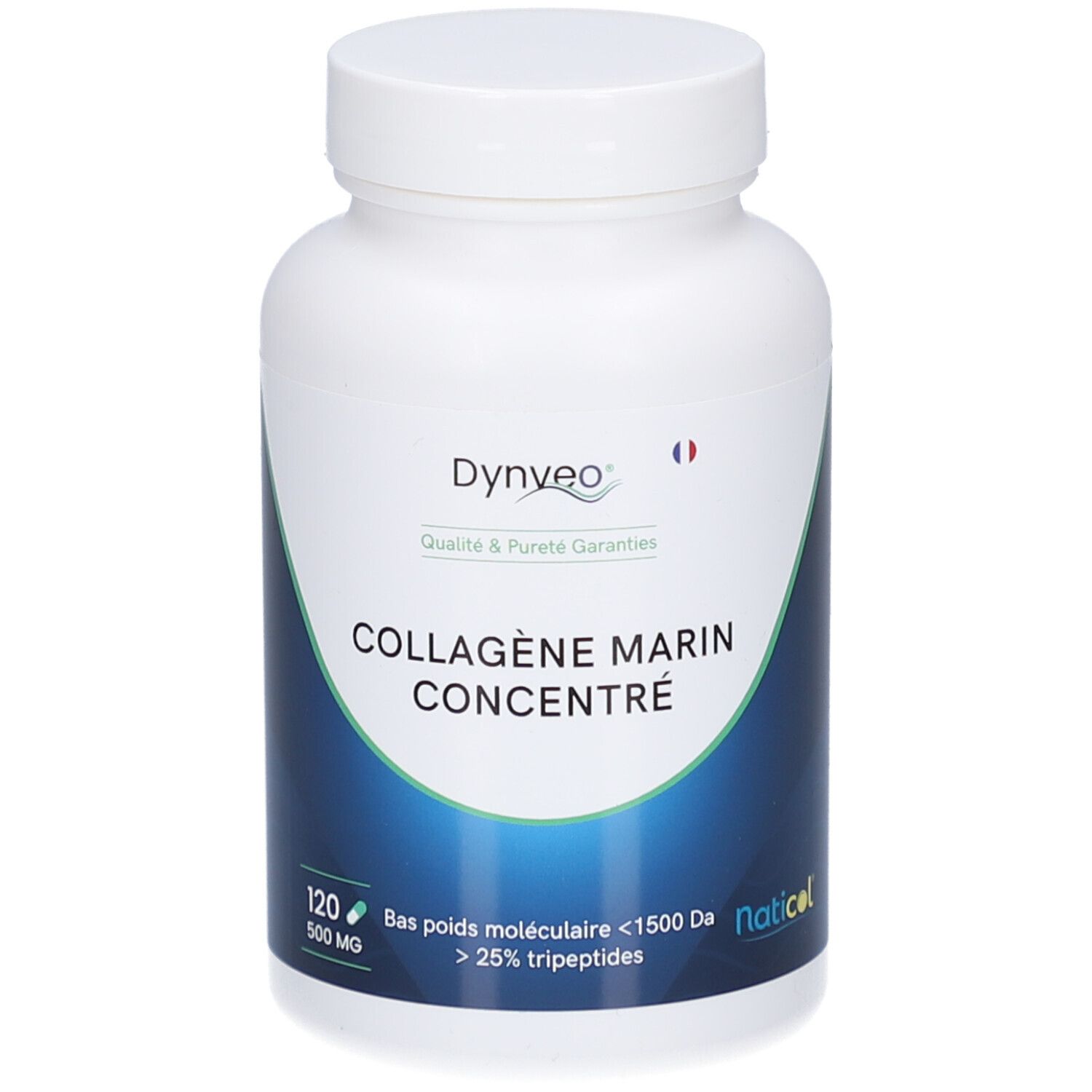 Flacon blanc avec étiquette bleue. Inscription: DYNVEO, COLLAGÈNE MARIN CONCENTRÉ. 120 gélules, 500 MG.