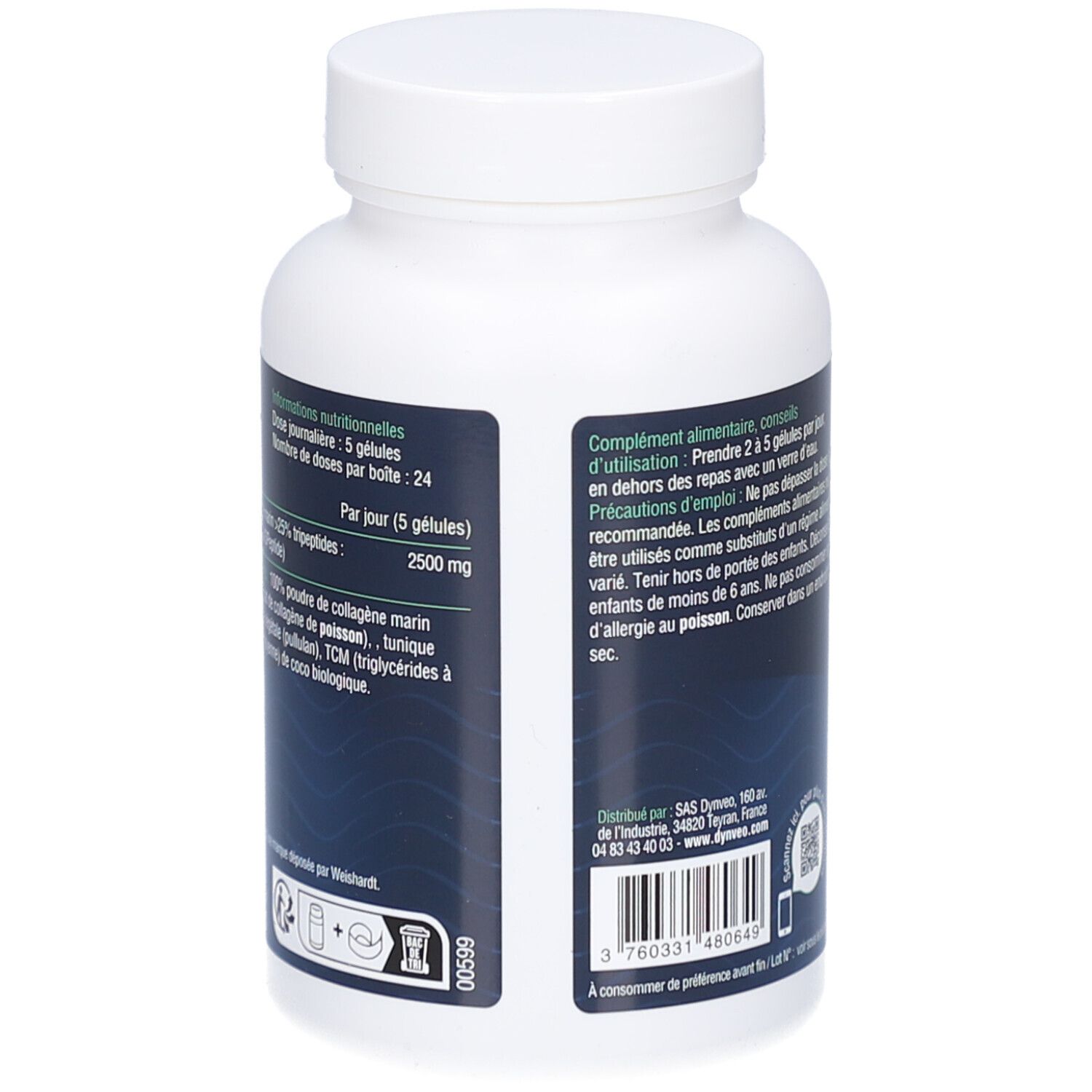 Dos du flacon blanc. Éléments bleus et verts. Informations nutritionnelles. Code QR.