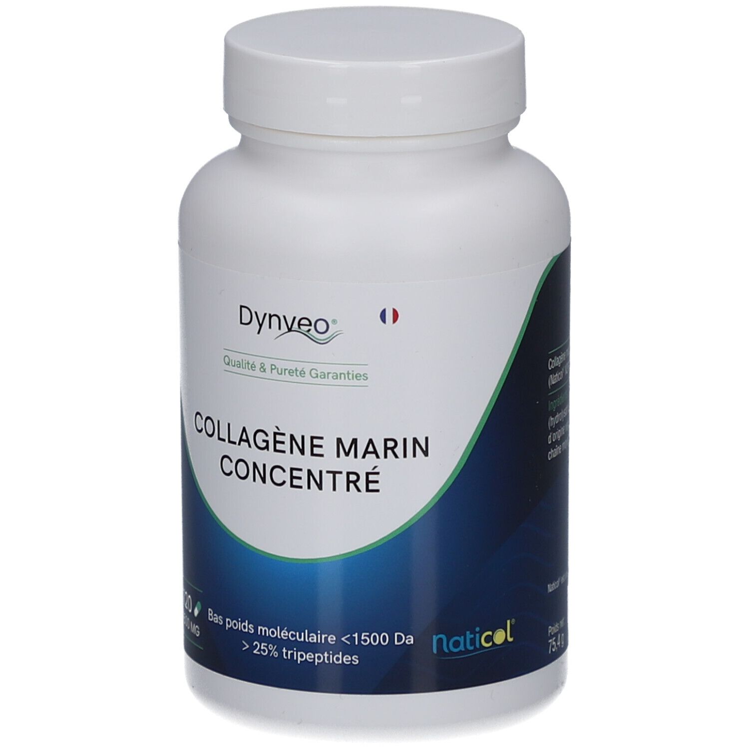 Flacon blanc avec étiquette bleue. Inscription: DYNVEO, COLLAGÈNE MARIN CONCENTRÉ. 120 gélules, 500 MG.