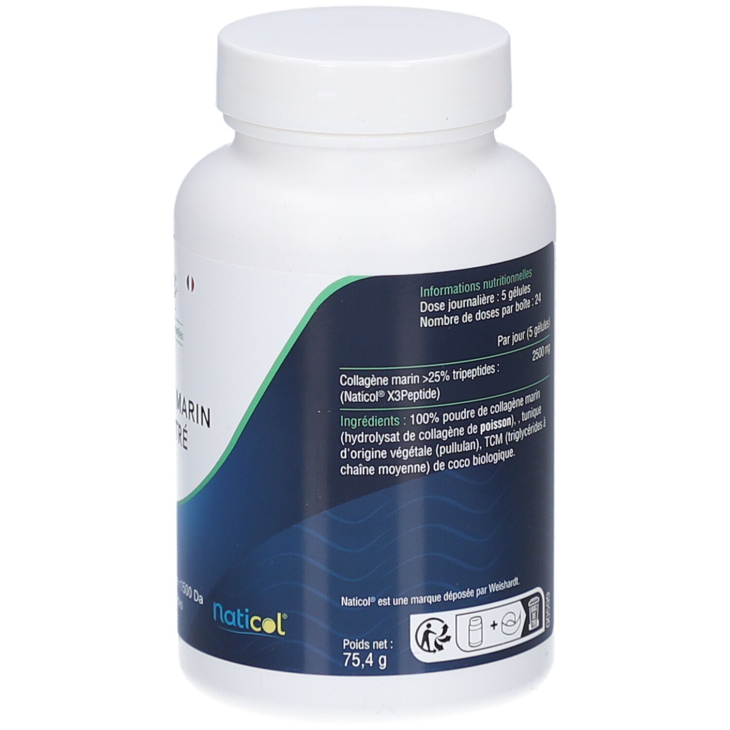 Dos du flacon blanc. Éléments bleus et verts. Informations nutritionnelles et ingrédients. Poids net 75,4 g.
