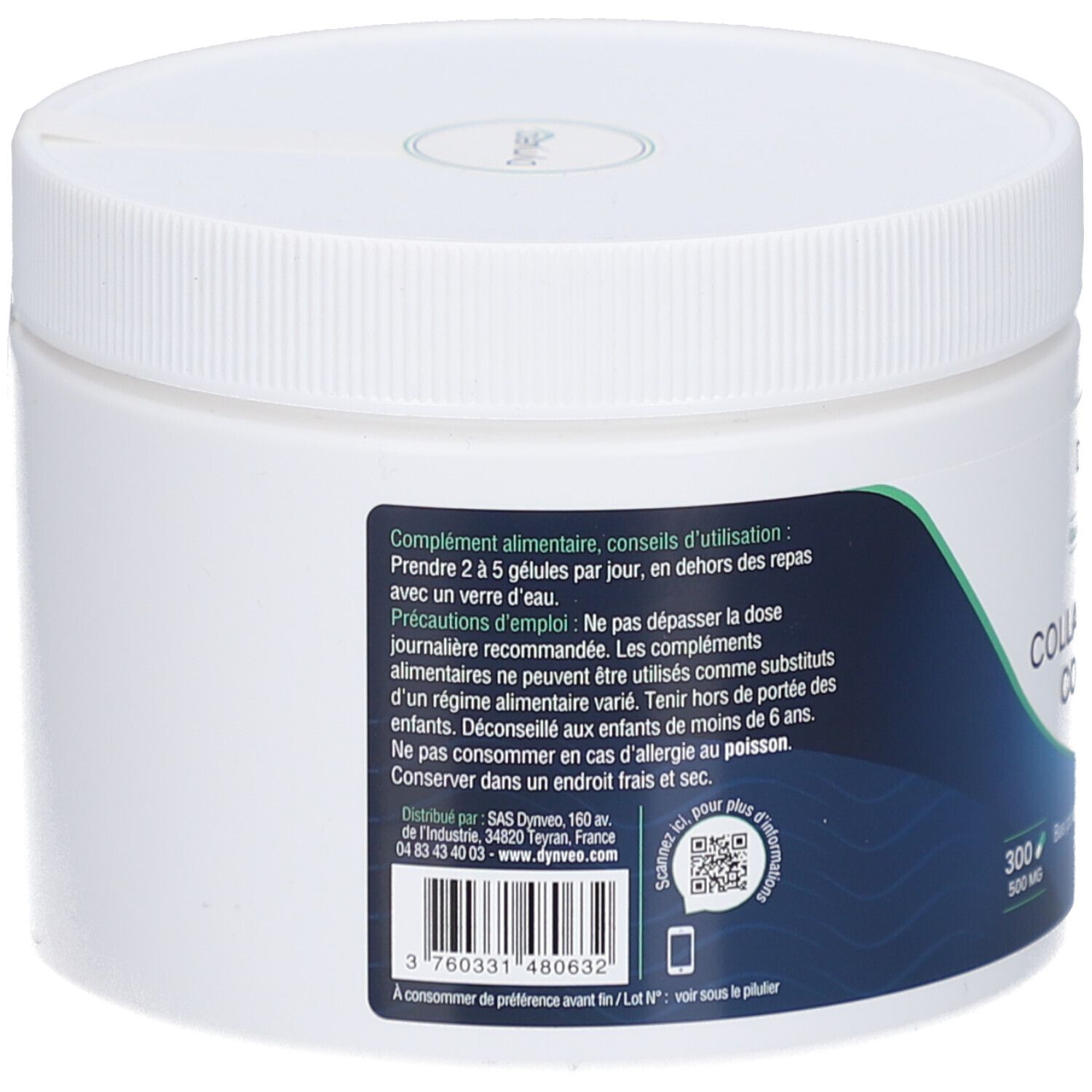 Dos du pot blanc rond. Étiquette avec informations produit et code QR. Texte: Complément alimentaire, conseils d'utilisation.