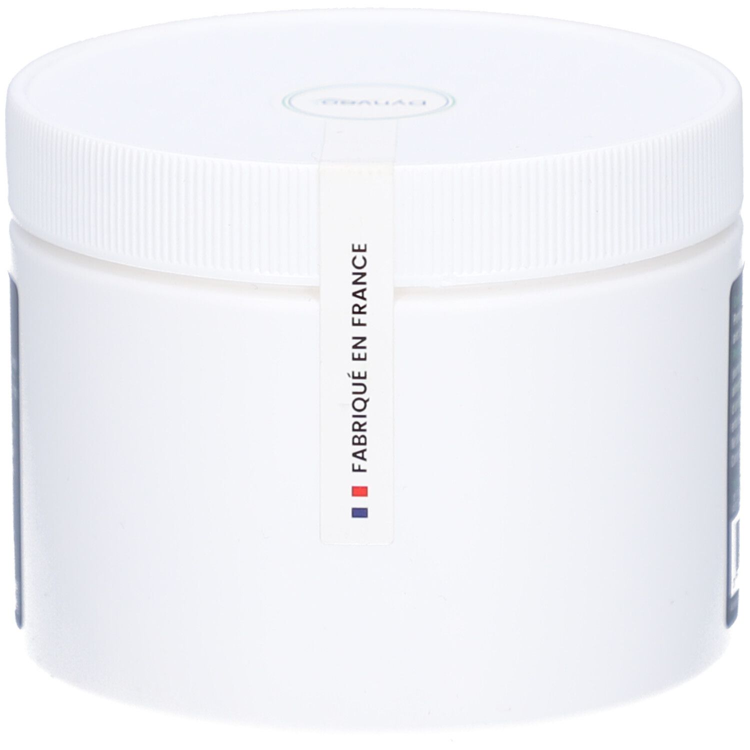 Pot blanc rond avec bouchon à vis. Étiquette avec texte: Fabriqué en France et drapeau français.