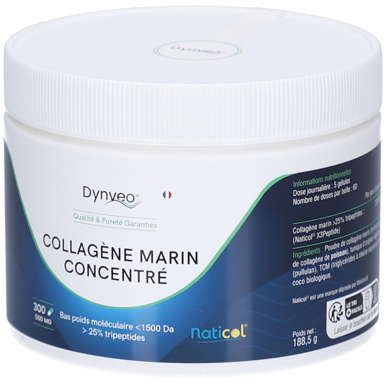 Pot blanc rond avec bouchon à vis. Étiquette avec informations produit: COLLAGÈNE MARIN CONCENTRÉ, 300 gélules, 500 MG. Logos Dynveo et Naticol.