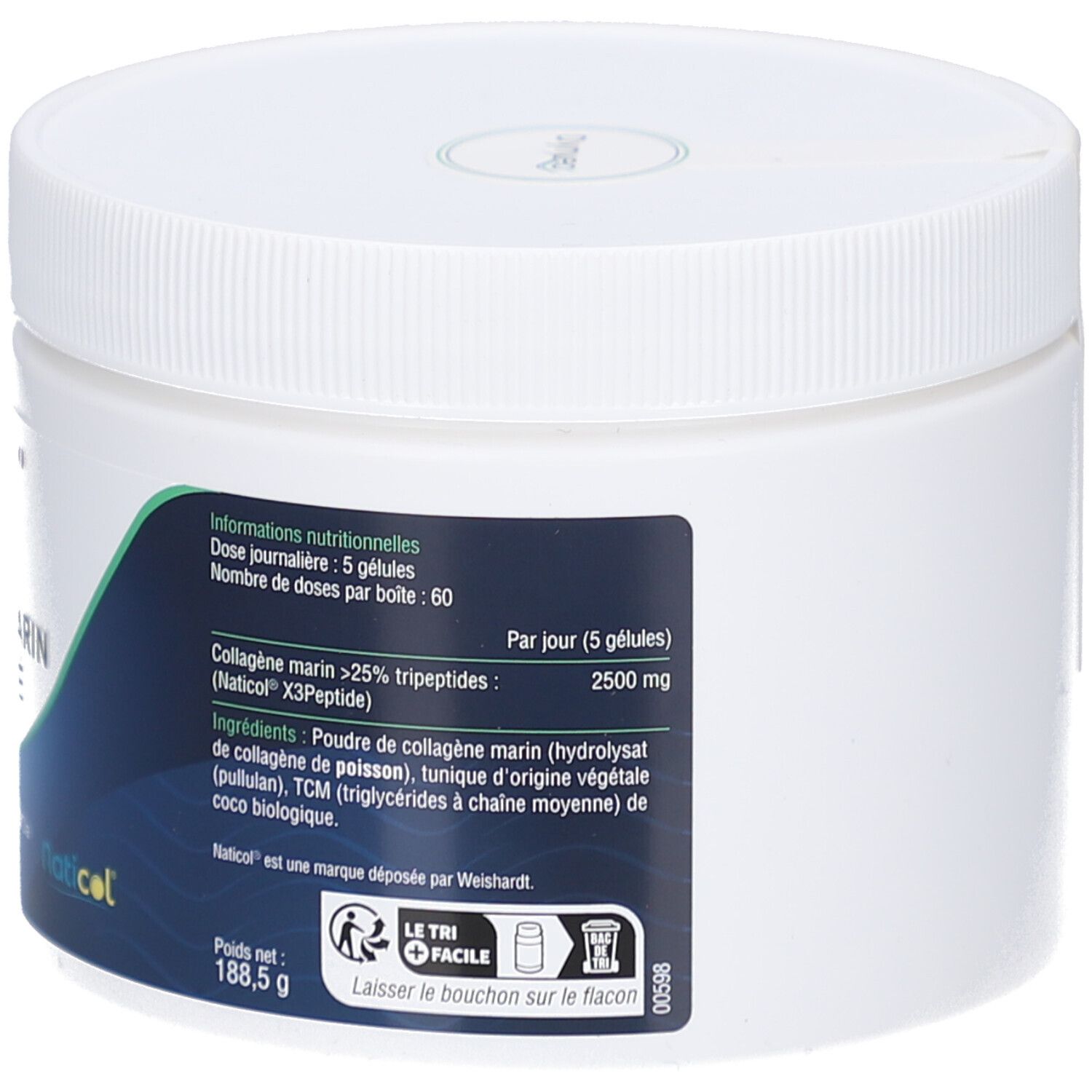 Dos du pot blanc rond. Étiquette avec informations produit et code QR. Texte: Informations nutritionnelles, Dose journalière: 5 gélules.