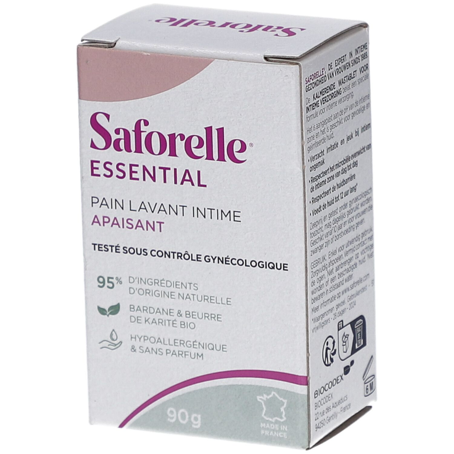 Boîte blanche Saforelle Essential. Pain lavant intime apaisant. 95% ingrédients naturels. Testé gynécologiquement. 90g.