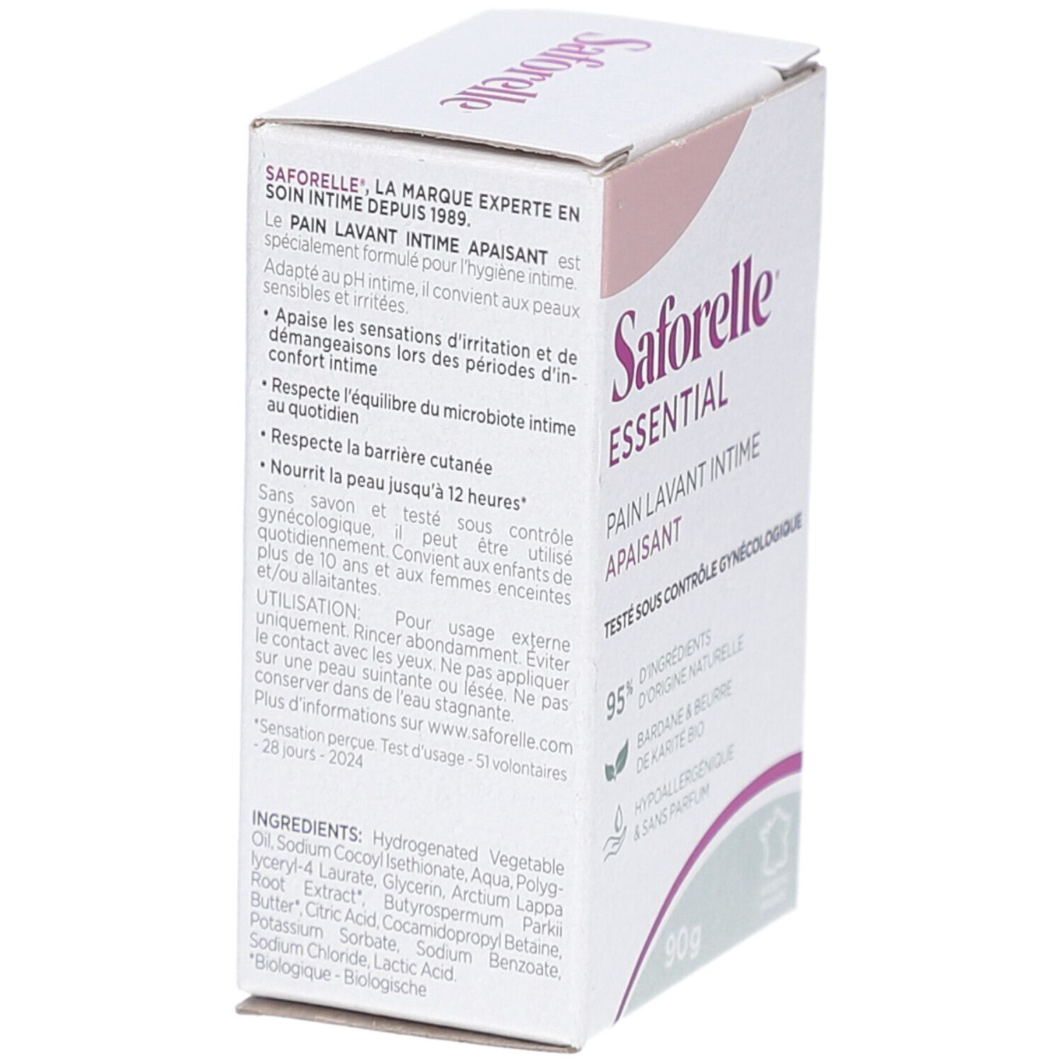 Dos de la boîte Saforelle. Pain lavant intime apaisant. Ingrédients. Testé sous contrôle gynécologique. 90g. Informations.