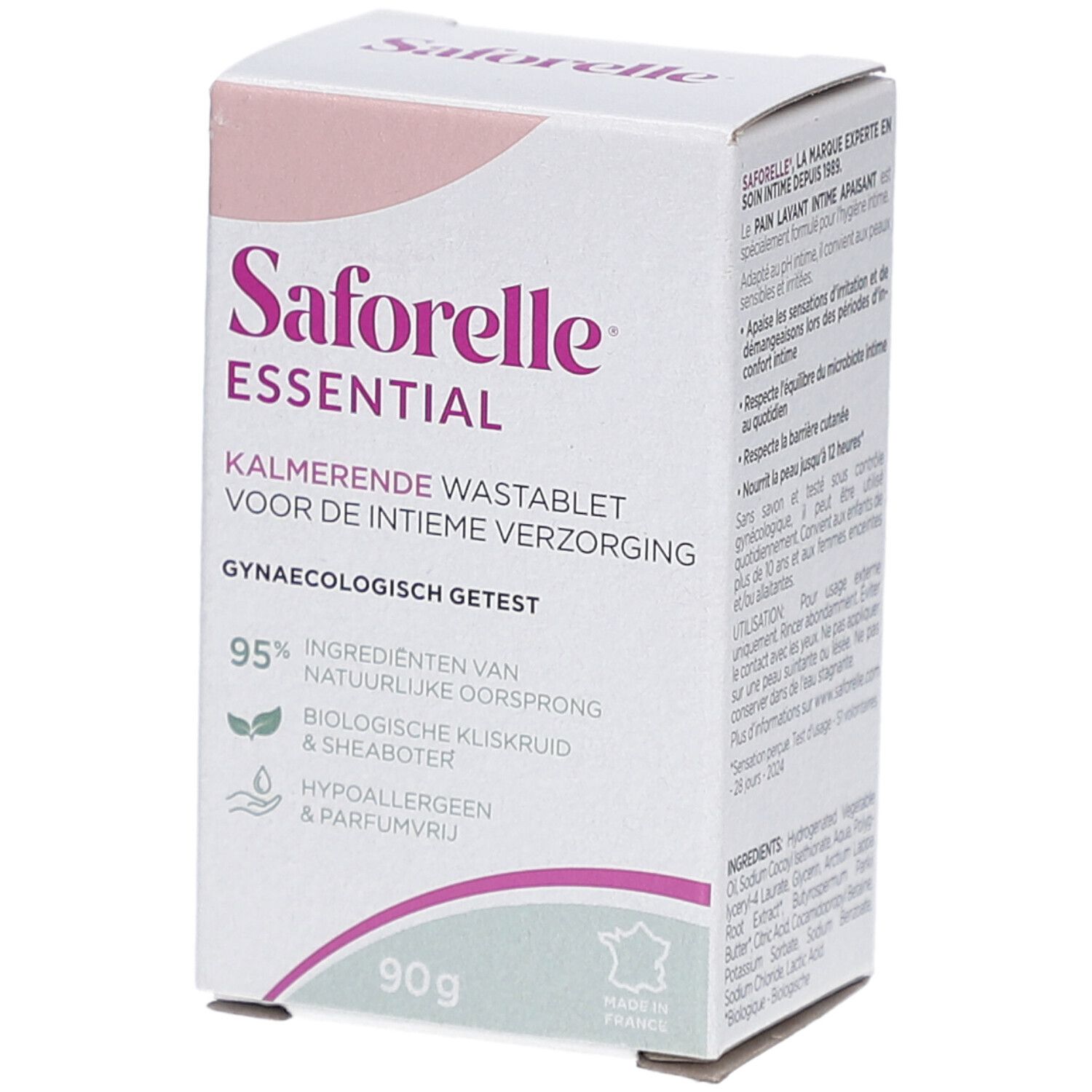 Boîte blanche Saforelle Essential. Kalmerende Wastablet voor de intieme verzorging. Gynaecologisch getest. 95% ingrédients naturels. 90g.