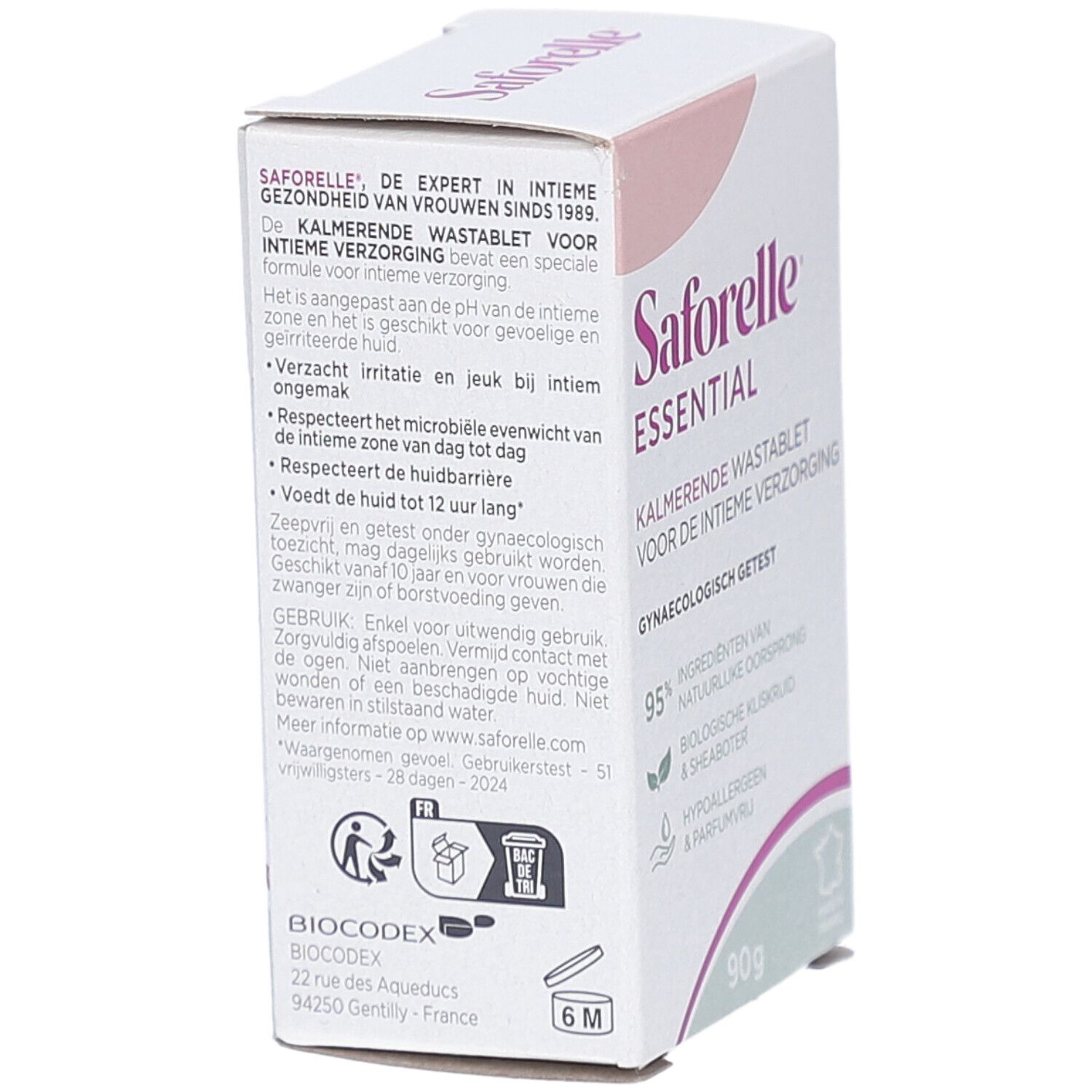 Dos de la boîte Saforelle. Kalmerende Wastablet voor de intieme verzorging. Gynaecologisch getest. 95% ingrédients naturels. 90g.