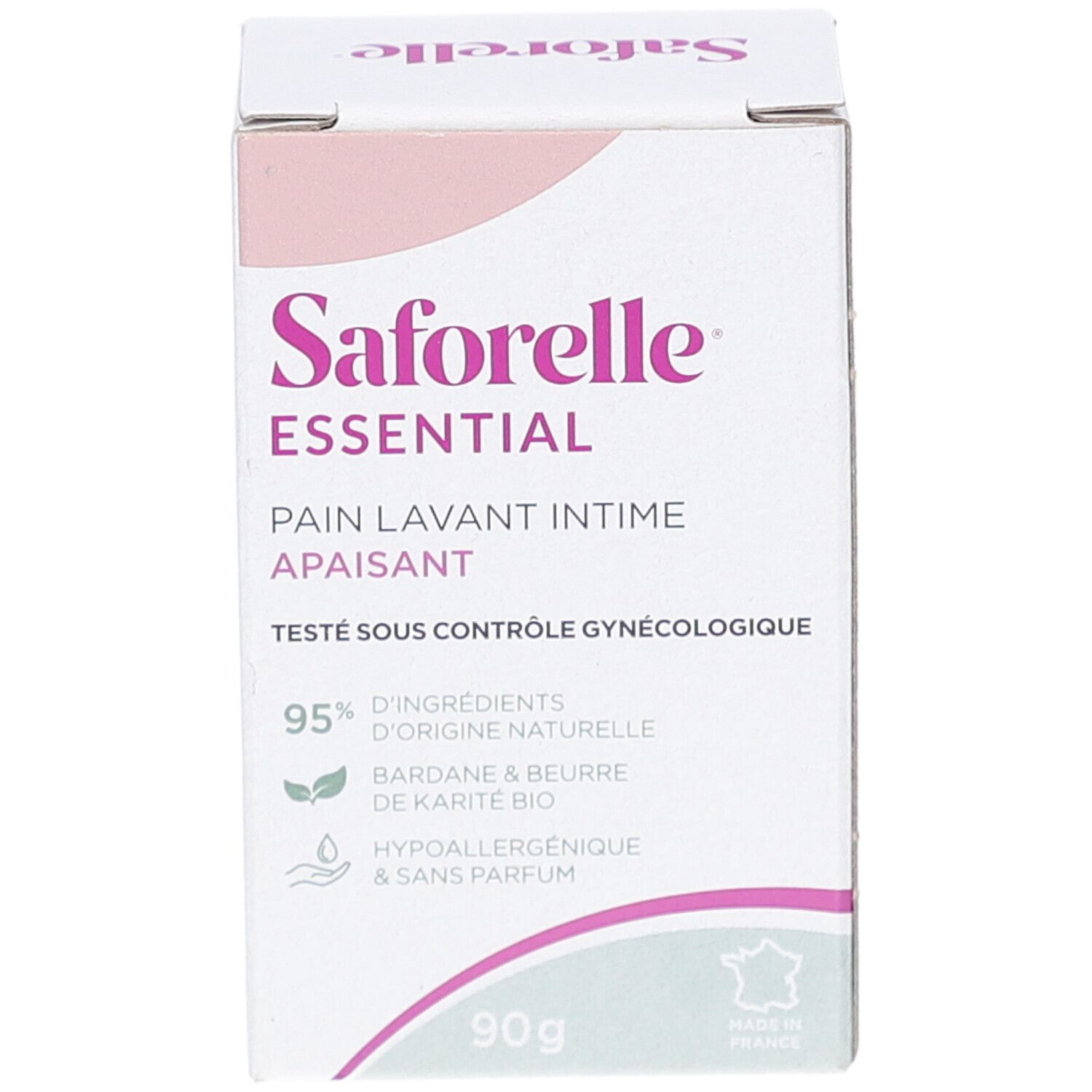 Boîte blanche Saforelle Essential. Pain lavant intime apaisant. Testé sous contrôle gynécologique. 95% ingrédients naturels. 90g.